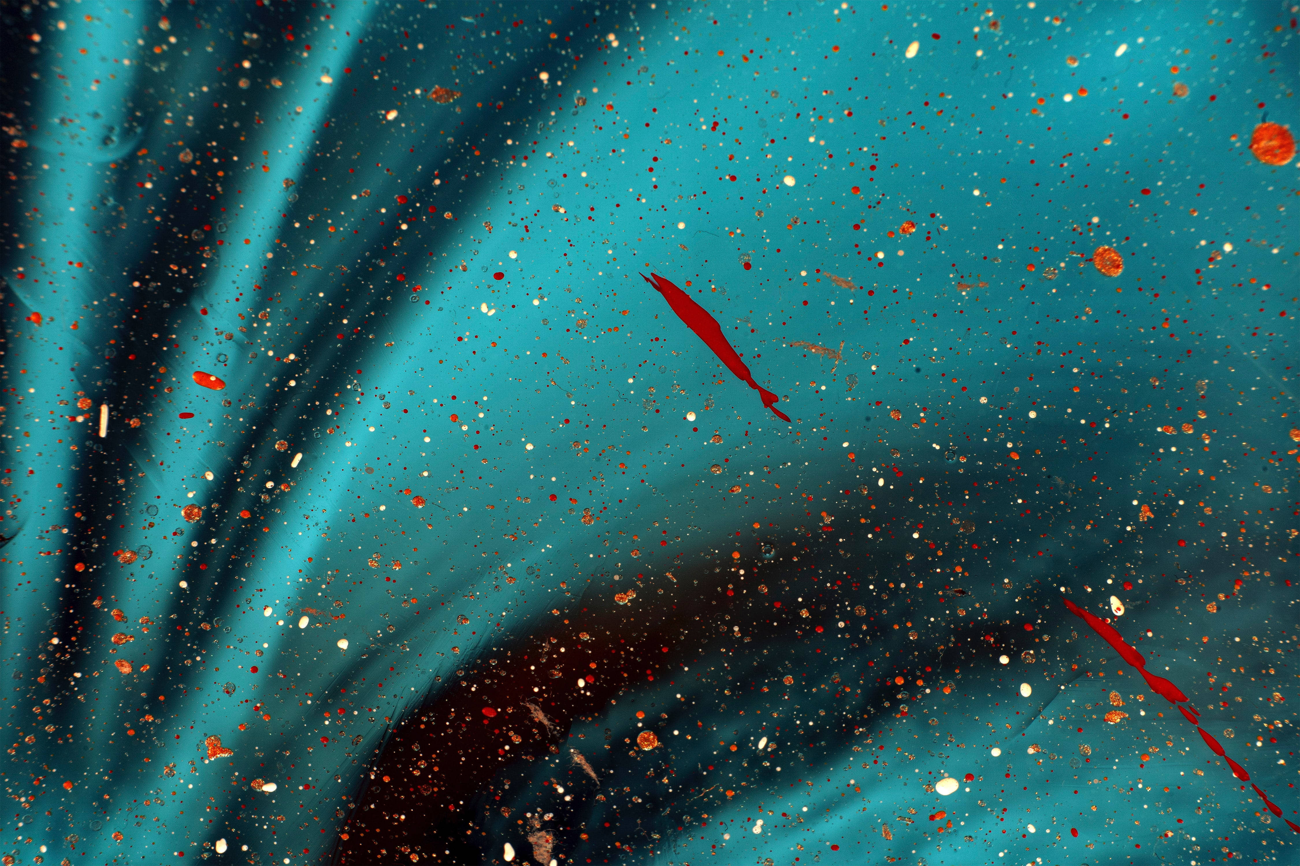 Splatter Paint, teal, red streaks, 4K Desktop Wallpaper