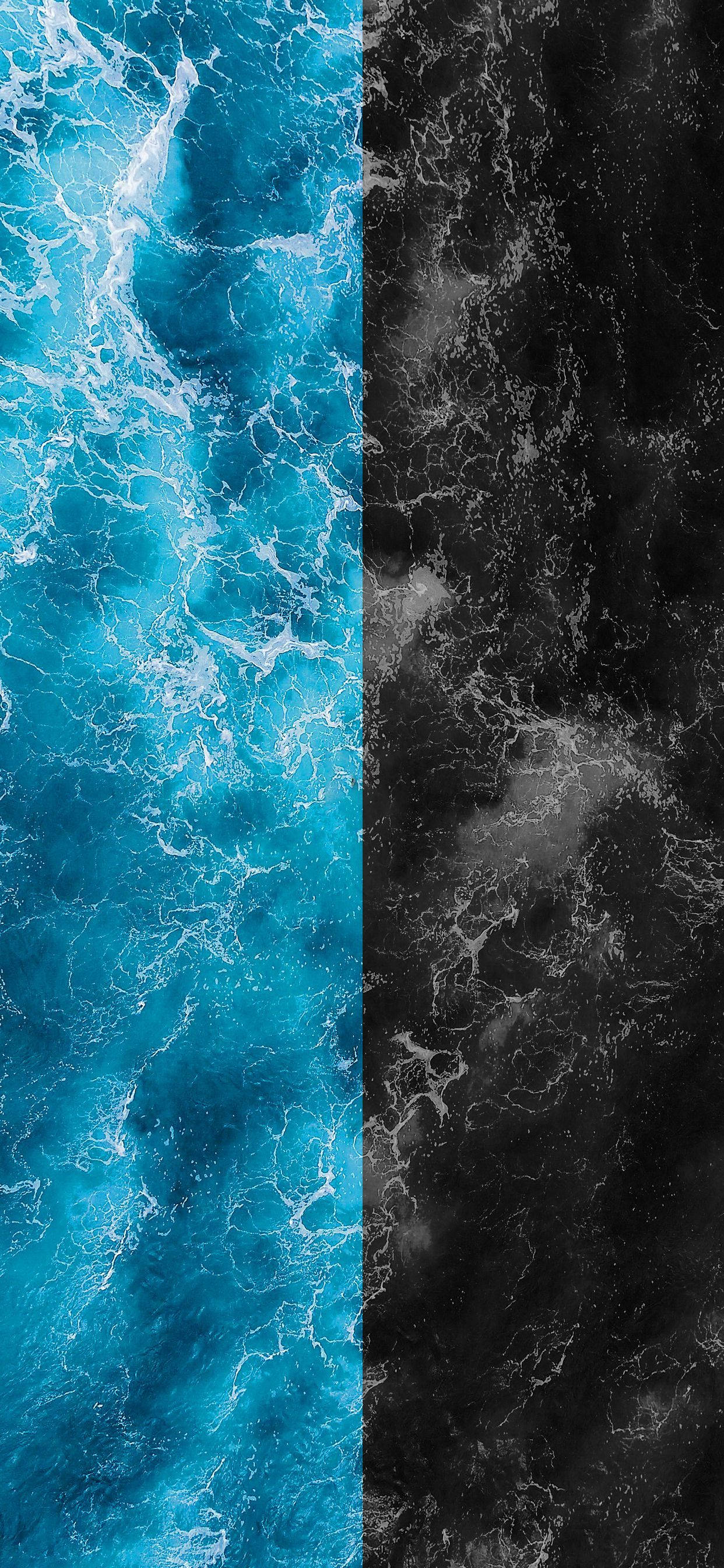 turquoise ocean waves, dark black marble with white veins, vertical split, 2K Phone Wallpaper