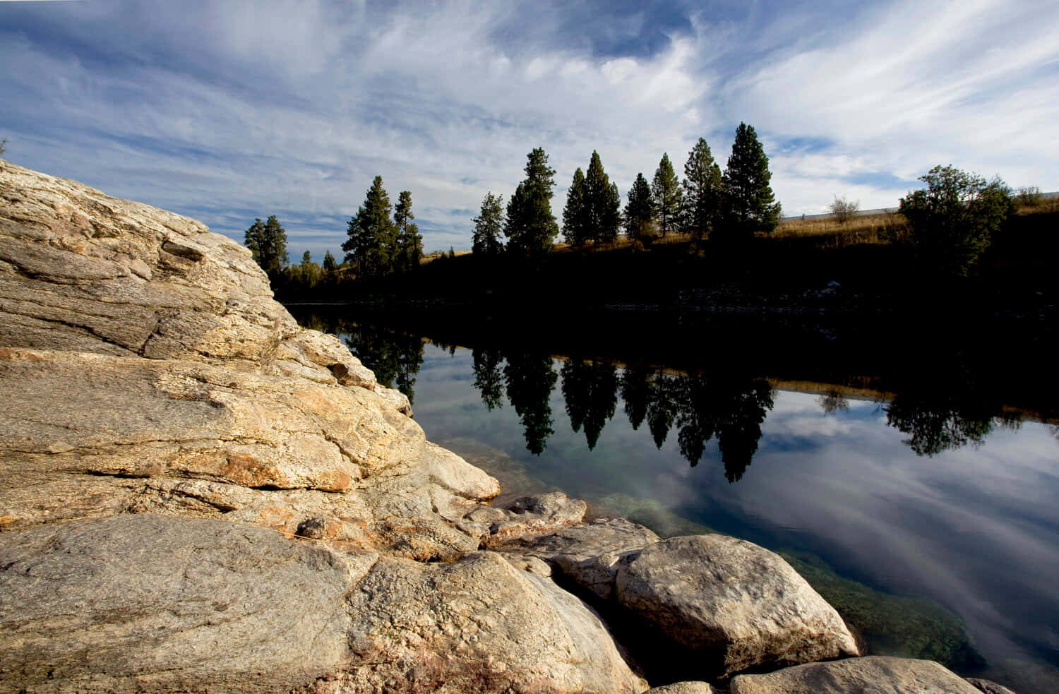 Spokane River, Spokane, pine trees, HD Desktop Wallpaper