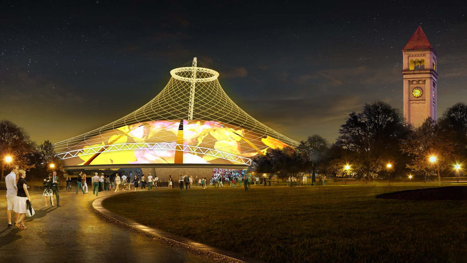 Spokane, dusk, futuristic dome, HD Desktop Wallpaper