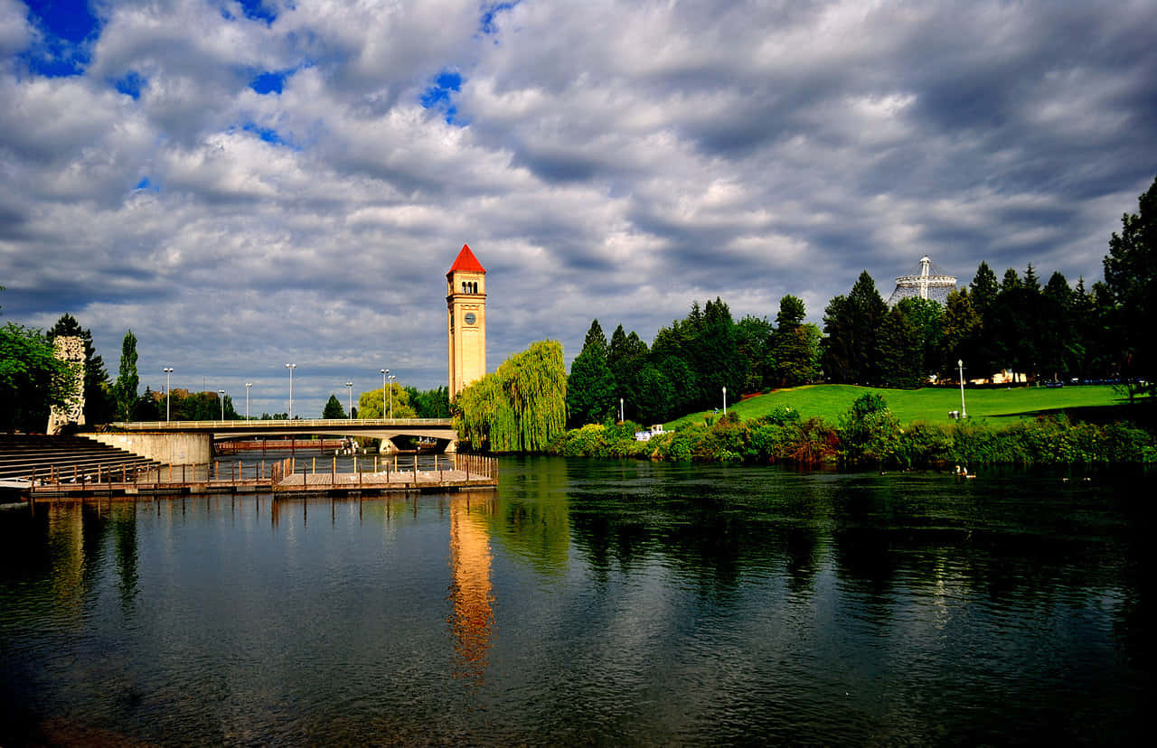 Spokane River, clock tower, red roof, HD Desktop Wallpaper