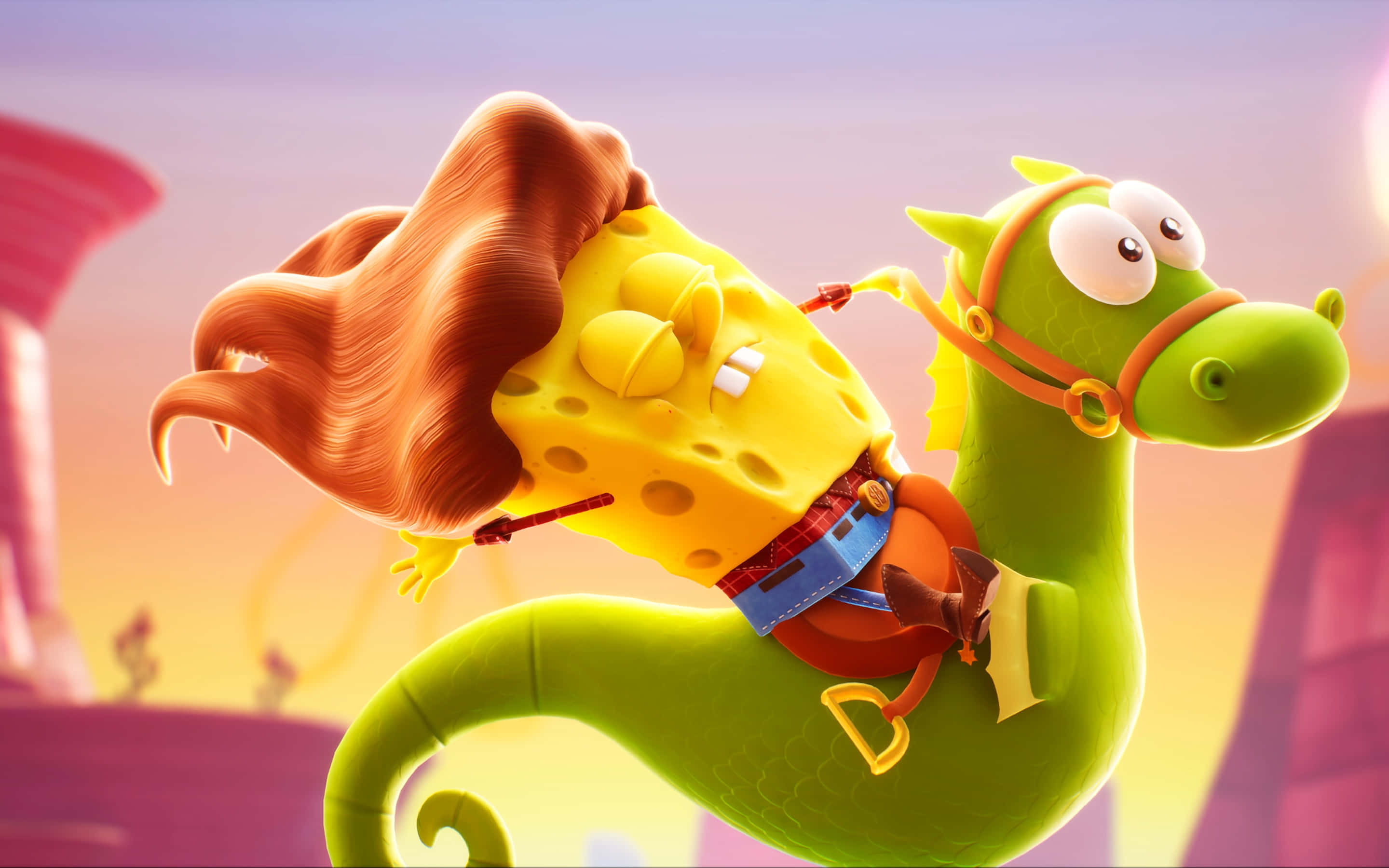 SpongeBob, red hair, green seahorse, 2K Desktop Wallpaper
