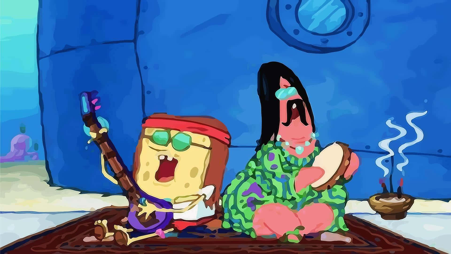 SpongeBob, woman in green patterned attire, blue underwater room, Full HD Desktop Wallpaper
