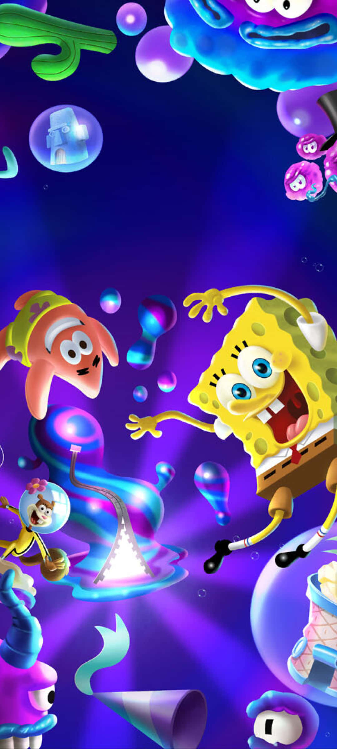 SpongeBob, Patrick, glowing bubbles, Full HD Phone Wallpaper