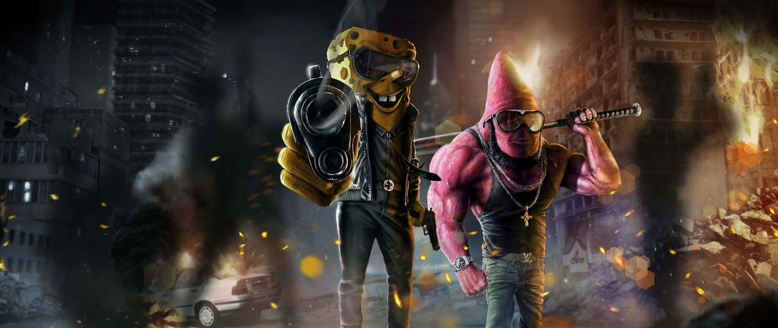 Spongebob, Patrick, ruined cityscape, 2K Desktop Wallpaper