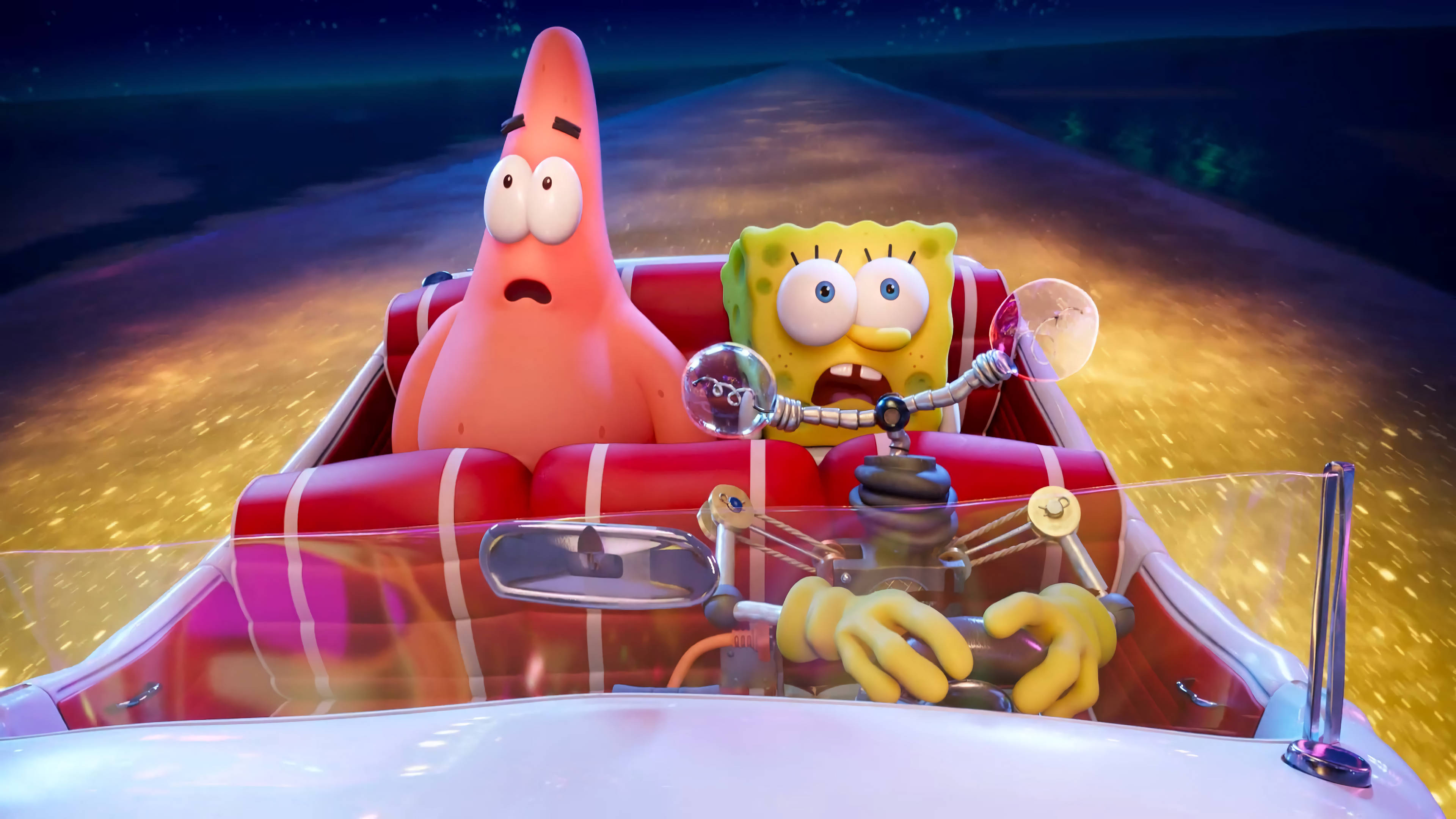 SpongeBob, Patrick, red convertible, 4K Desktop Wallpaper
