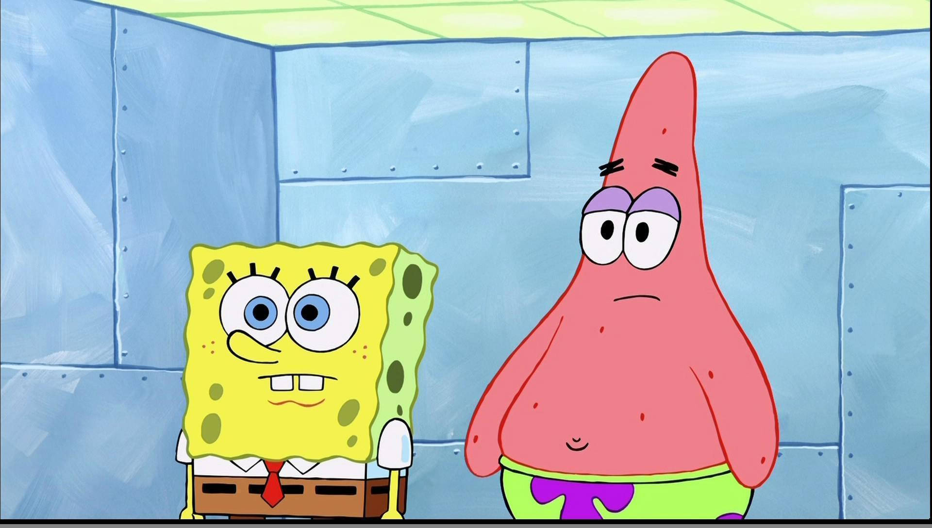 SpongeBob, Patrick, blue tiled room, Full HD Desktop Wallpaper