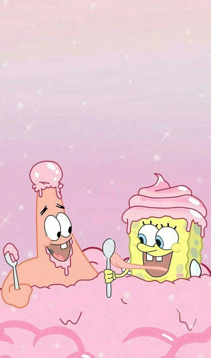 SpongeBob, Patrick, pink ice cream, SD Phone Wallpaper