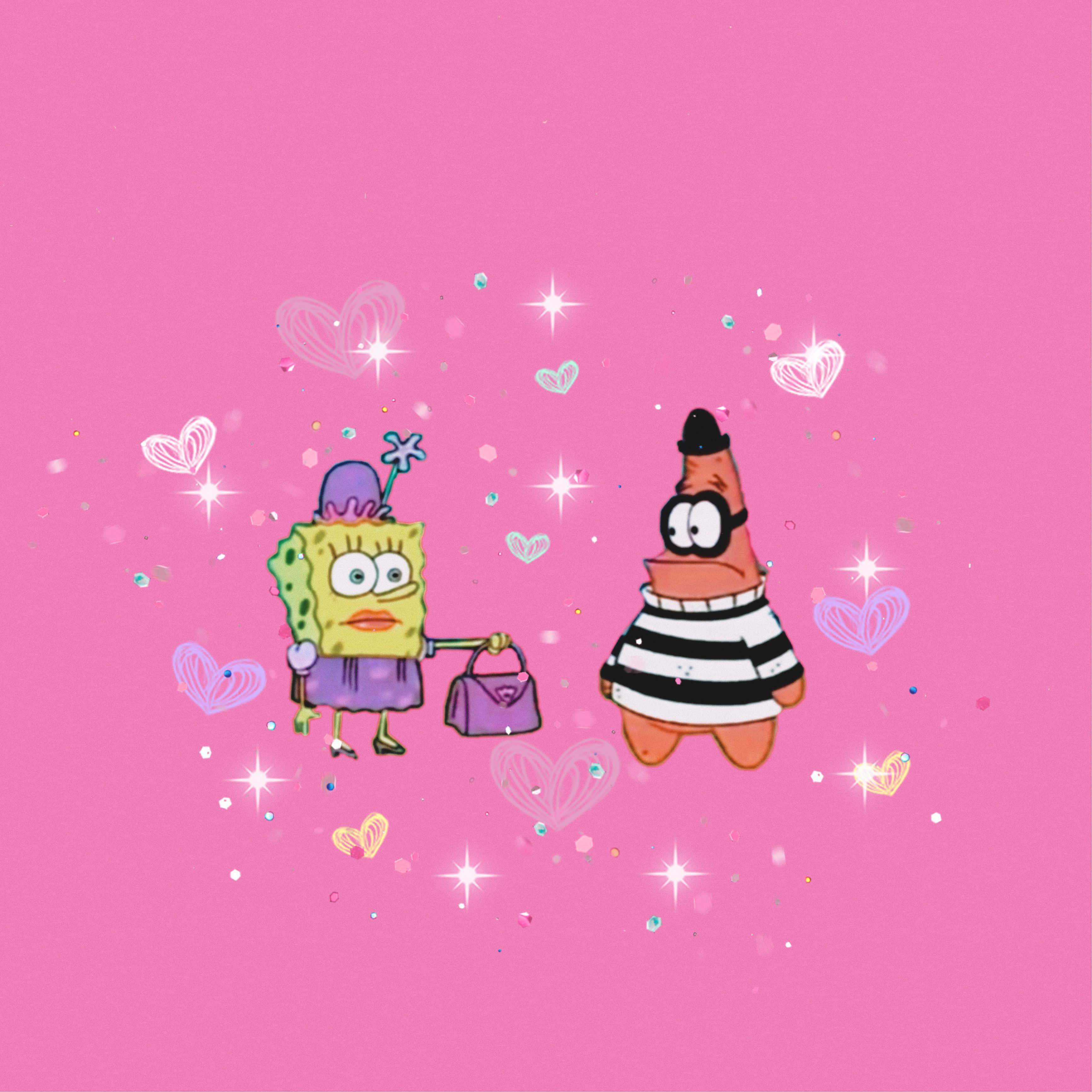 SpongeBob, Patrick, sparkling pink background, 2K Desktop Wallpaper