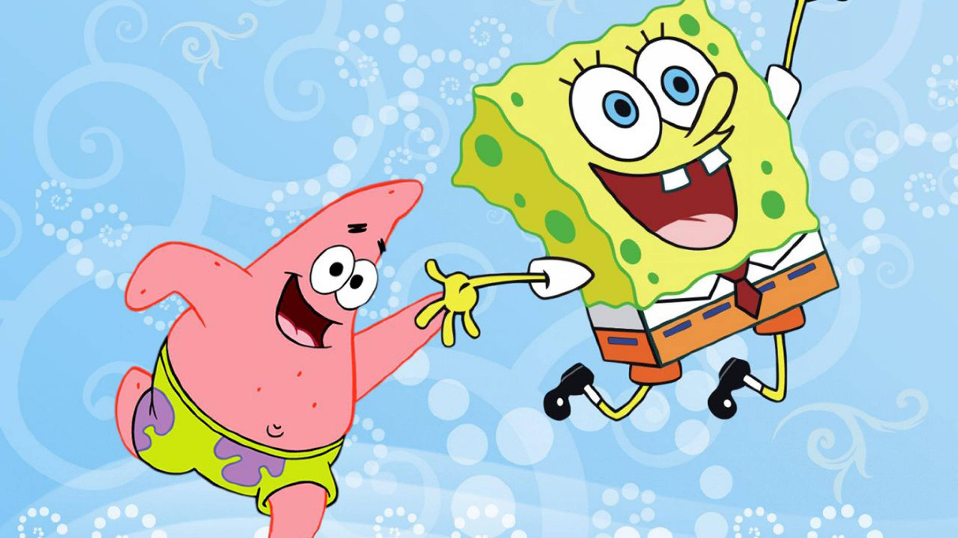 SpongeBob, Patrick, swirling blue background, 4K Desktop Wallpaper