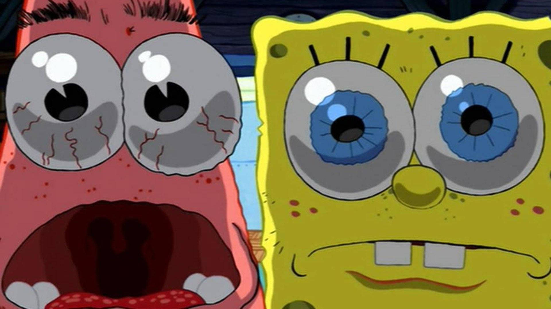 SpongeBob, Patrick, cartoon horror scene, Full HD Desktop Wallpaper