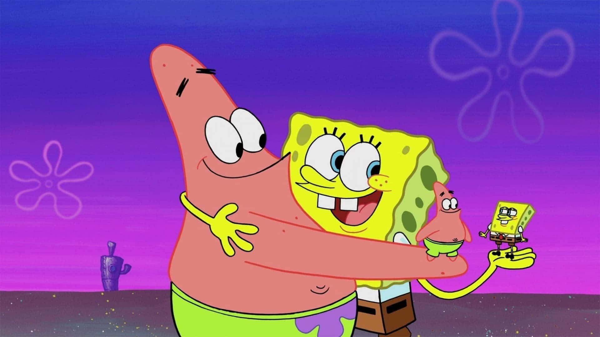SpongeBob, Patrick, vibrant purple underwater scene, Full HD Desktop Wallpaper