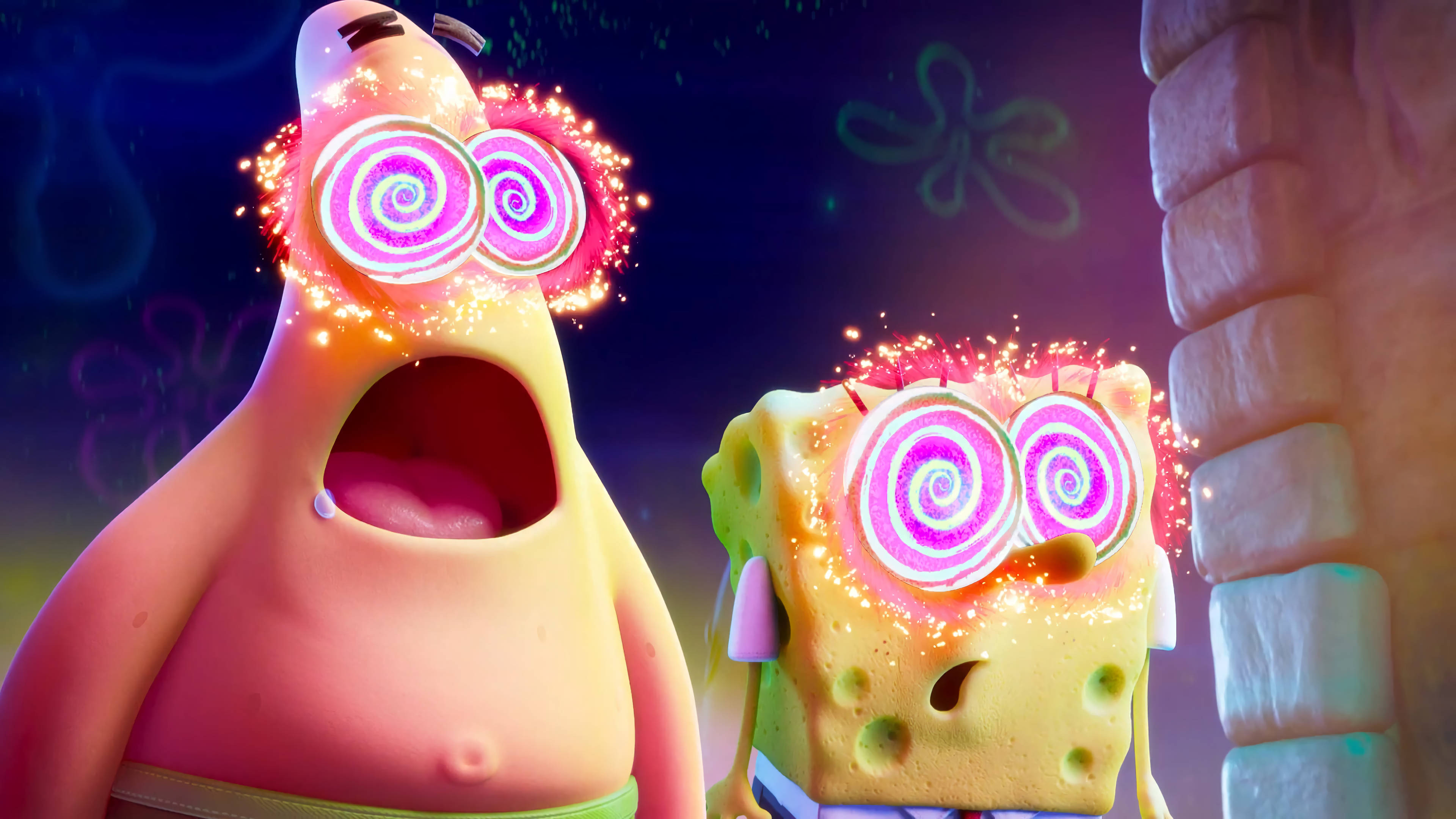 SpongeBob, Patrick, glowing spiral eyes, 4K Desktop Wallpaper