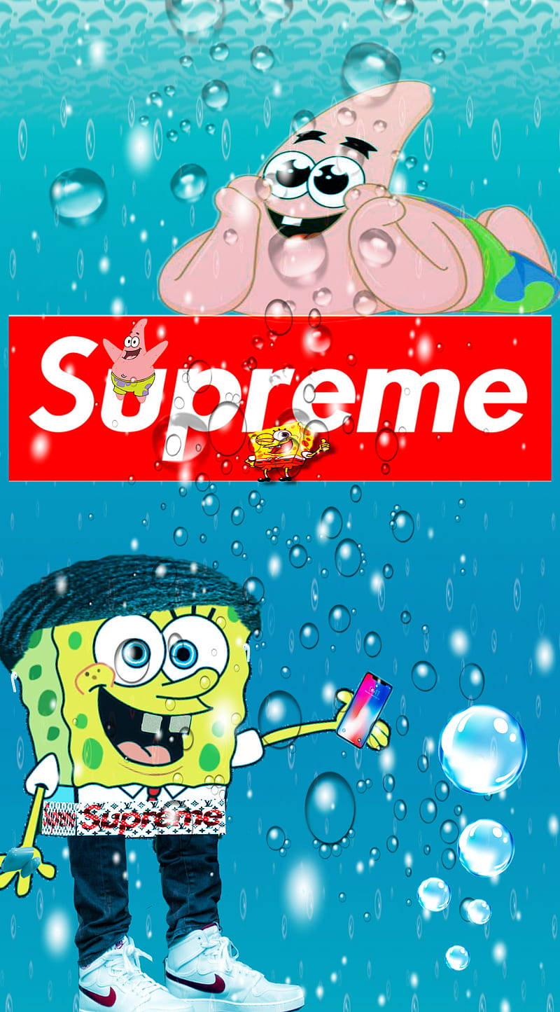 SpongeBob, Patrick Star, red Supreme logo, HD Phone Wallpaper