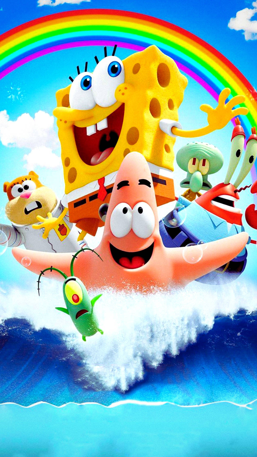 SpongeBob, Patrick, vibrant rainbow, Full HD Phone Wallpaper