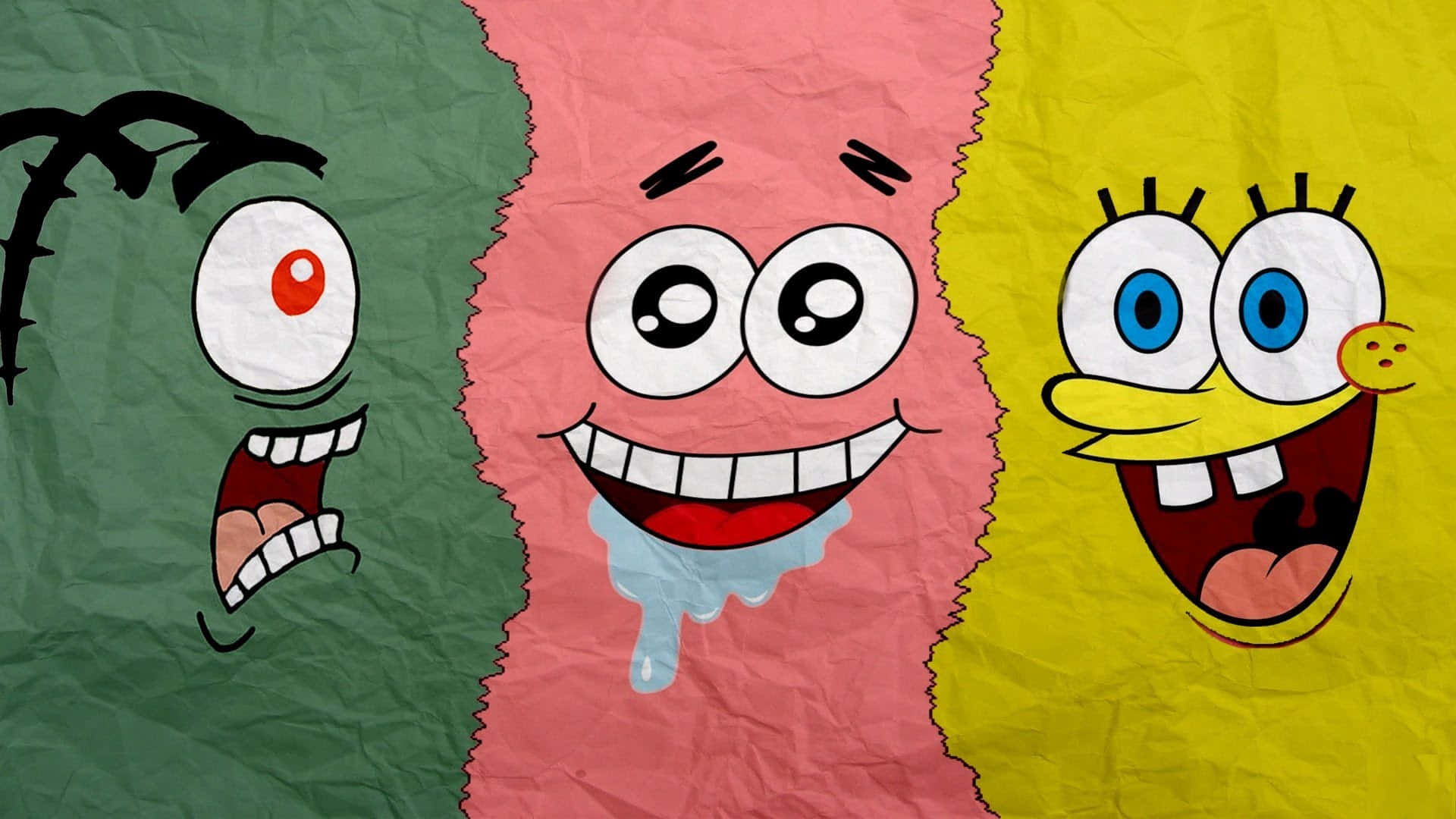 Spongebob, cartoon characters, crumpled colored paper backgrounds, Full HD Desktop Wallpaper