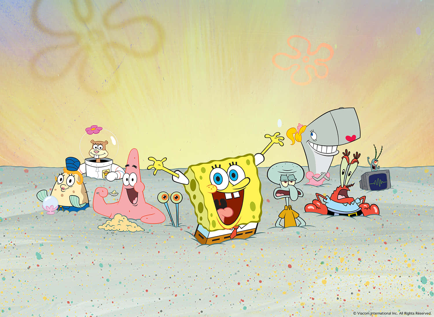 SpongeBob, friends, sandy ocean floor, HD Desktop Wallpaper