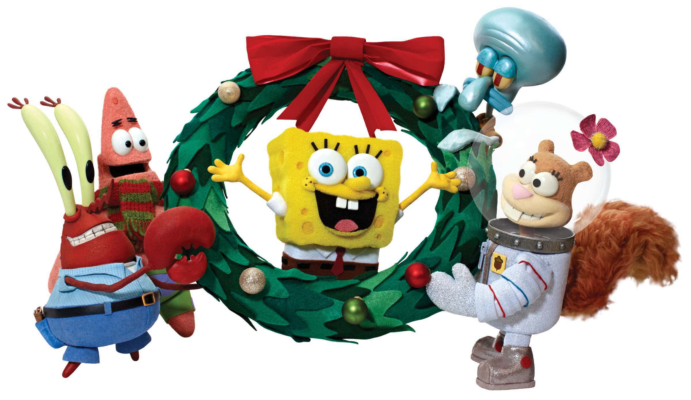 SpongeBob, Christmas wreath, red bow, Full HD Desktop Wallpaper