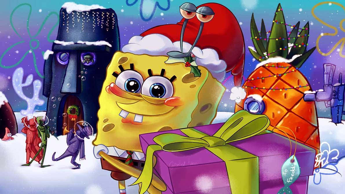 SpongeBob, red Santa hat, purple gift box, SD Desktop Wallpaper