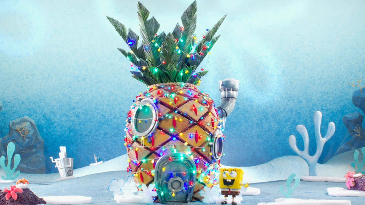 SpongeBob, pineapple home, Christmas lights, SD Desktop Wallpaper