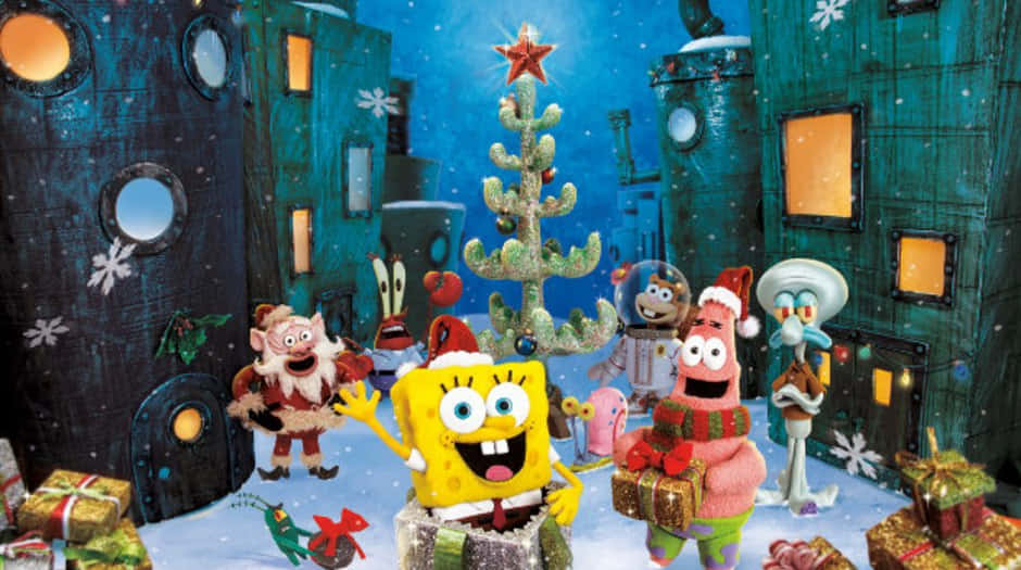 SpongeBob, Christmas, snowy underwater city, SD Desktop Wallpaper