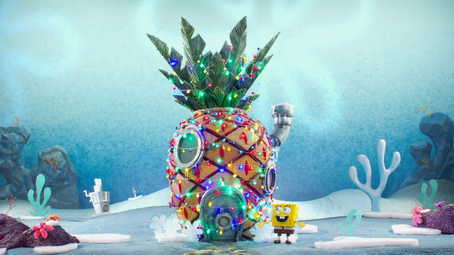 SpongeBob, pineapple home, Christmas lights, Full HD Desktop Wallpaper