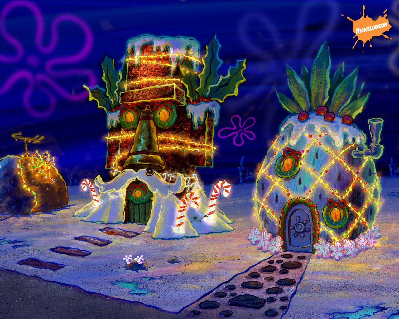 Spongebob, underwater houses, candy canes lights, HD Desktop Wallpaper