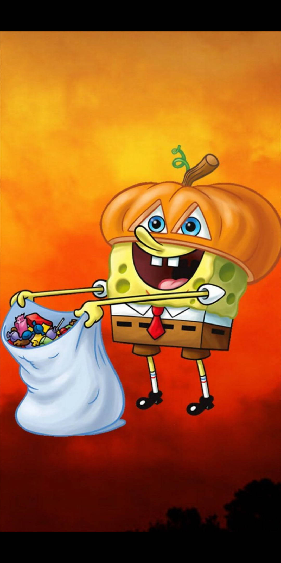 SpongeBob, pumpkin costume, fiery orange and red sunset sky, Full HD Phone Wallpaper