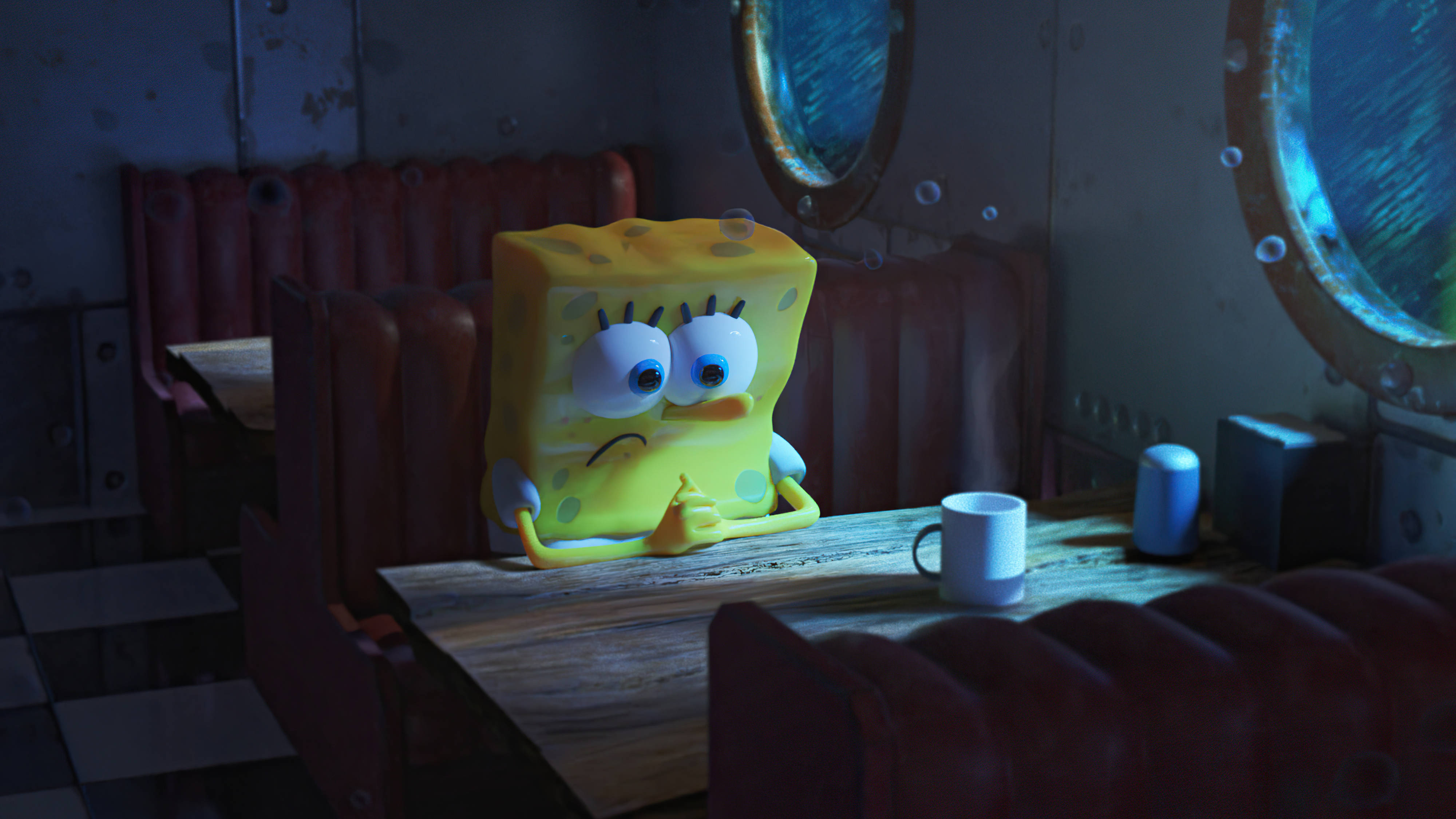 SpongeBob, diner table, dim light, 4K Desktop Wallpaper