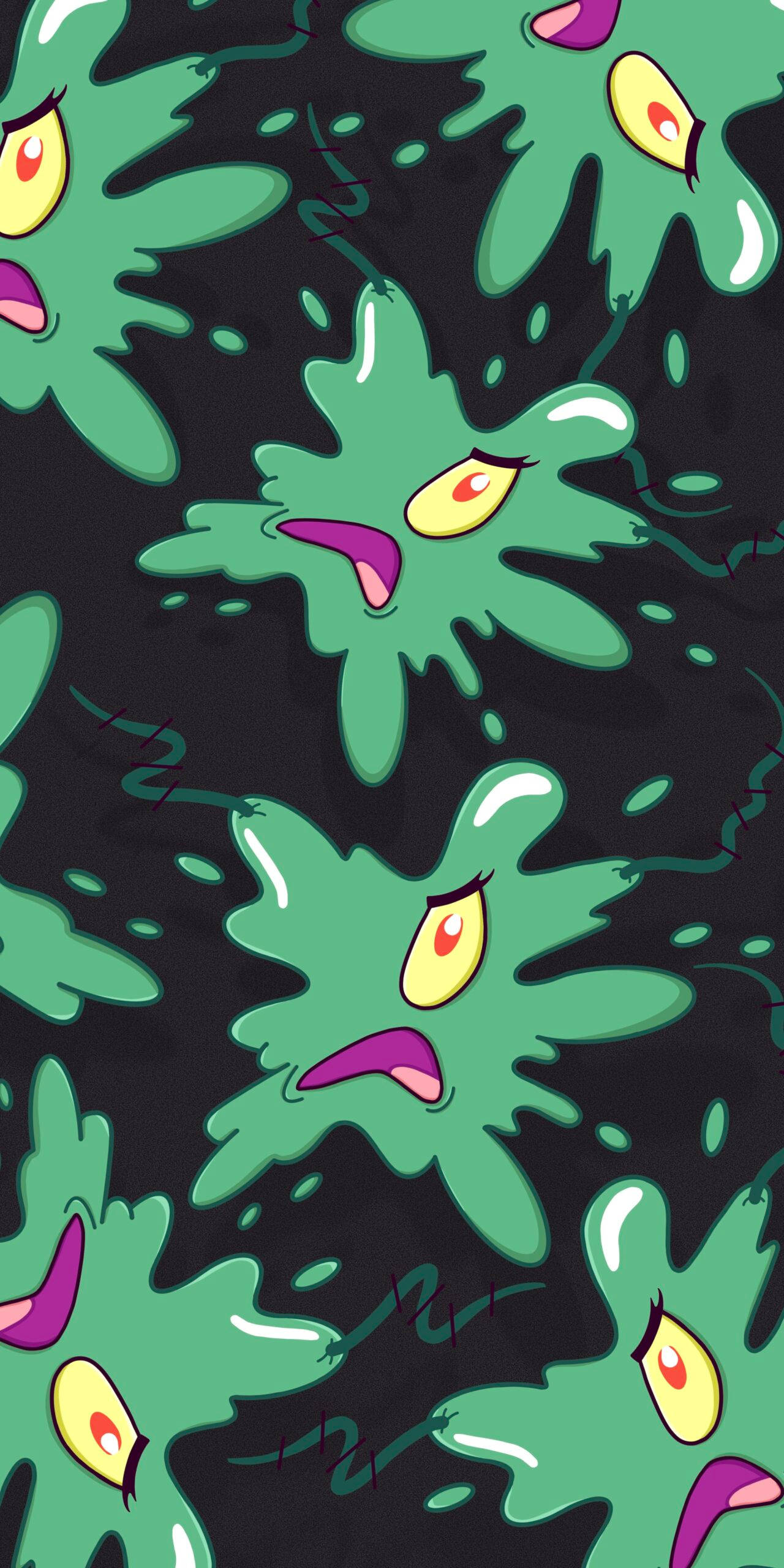 Spongebob, beach, green cartoon slime blobs, 2K Phone Wallpaper