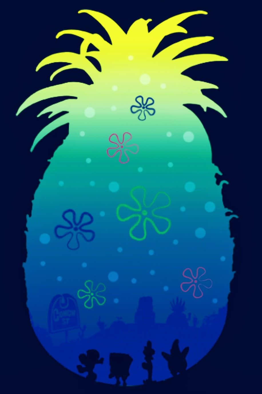 Spongebob House, pineapple silhouette, colorful flower outlines, HD Phone Wallpaper