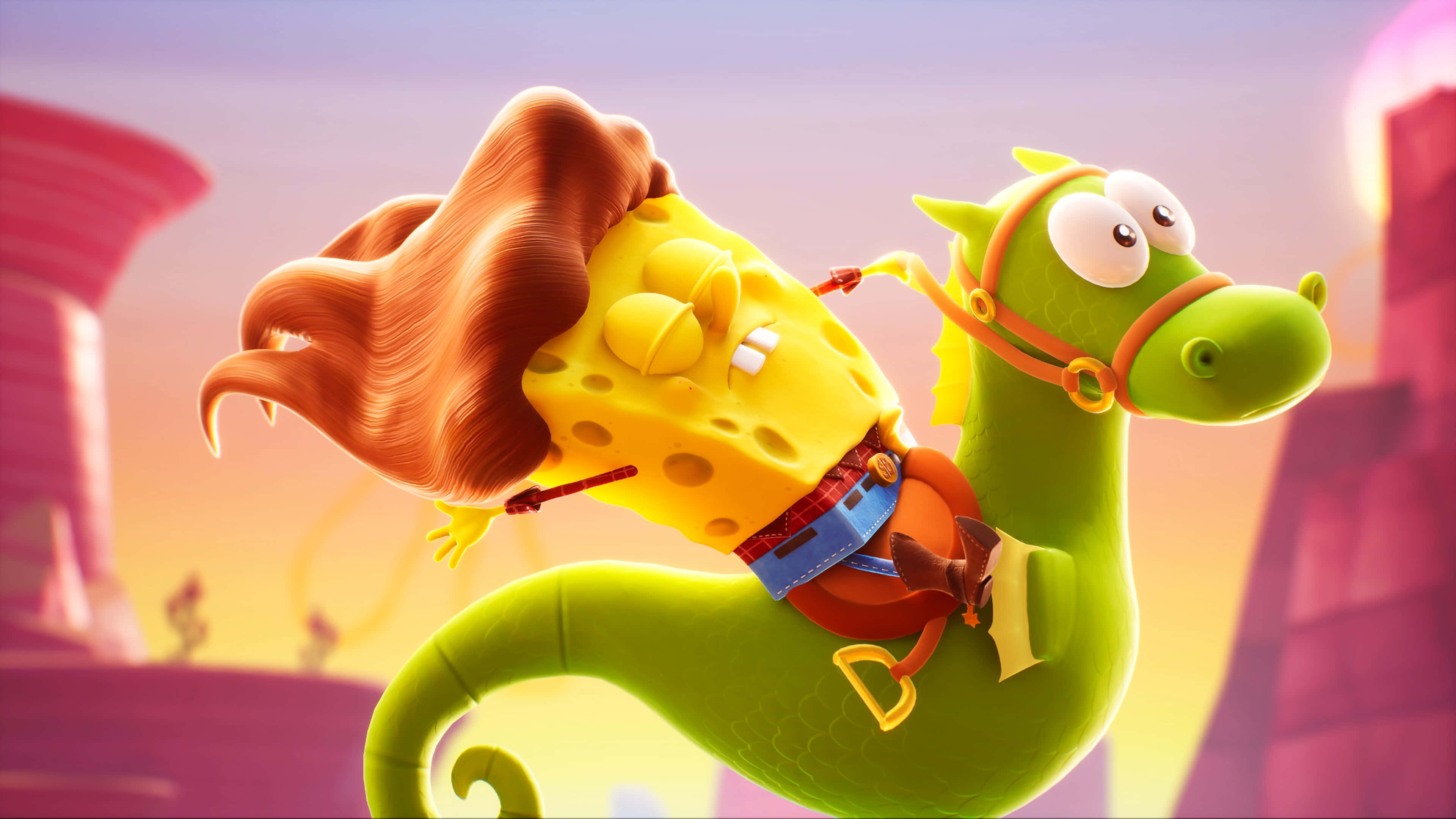 SpongeBob SquarePants, green seahorse, vibrant pink and orange sunset, 4K Desktop Wallpaper