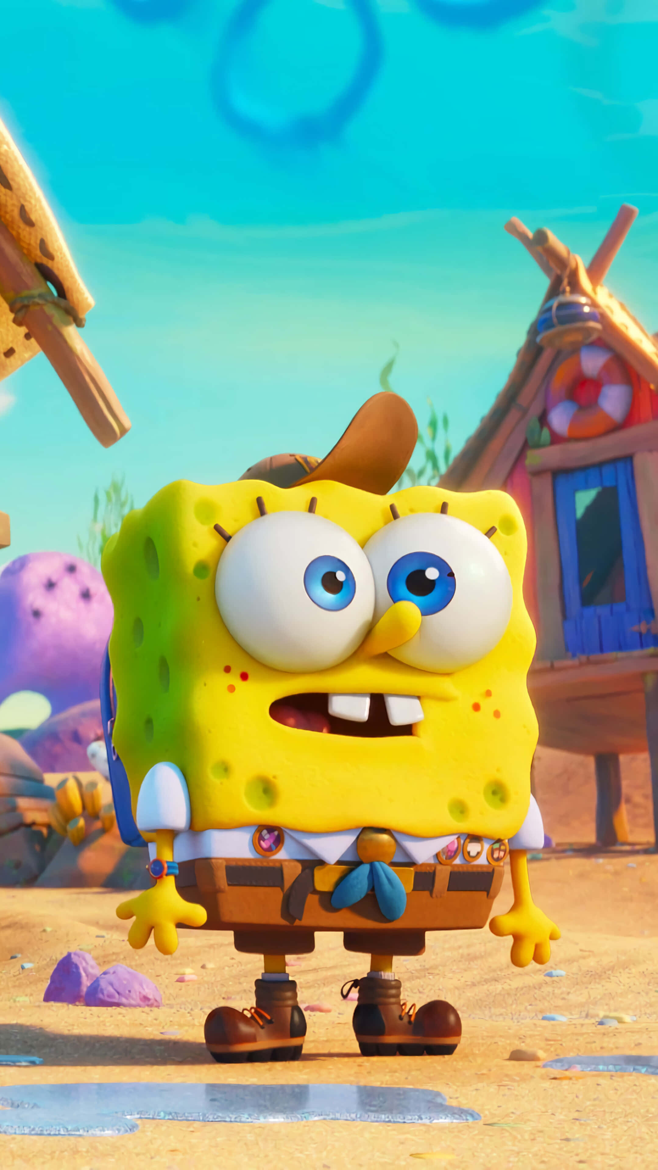 SpongeBob SquarePants, pineapple home, bright blue sky, 4K Phone Wallpaper