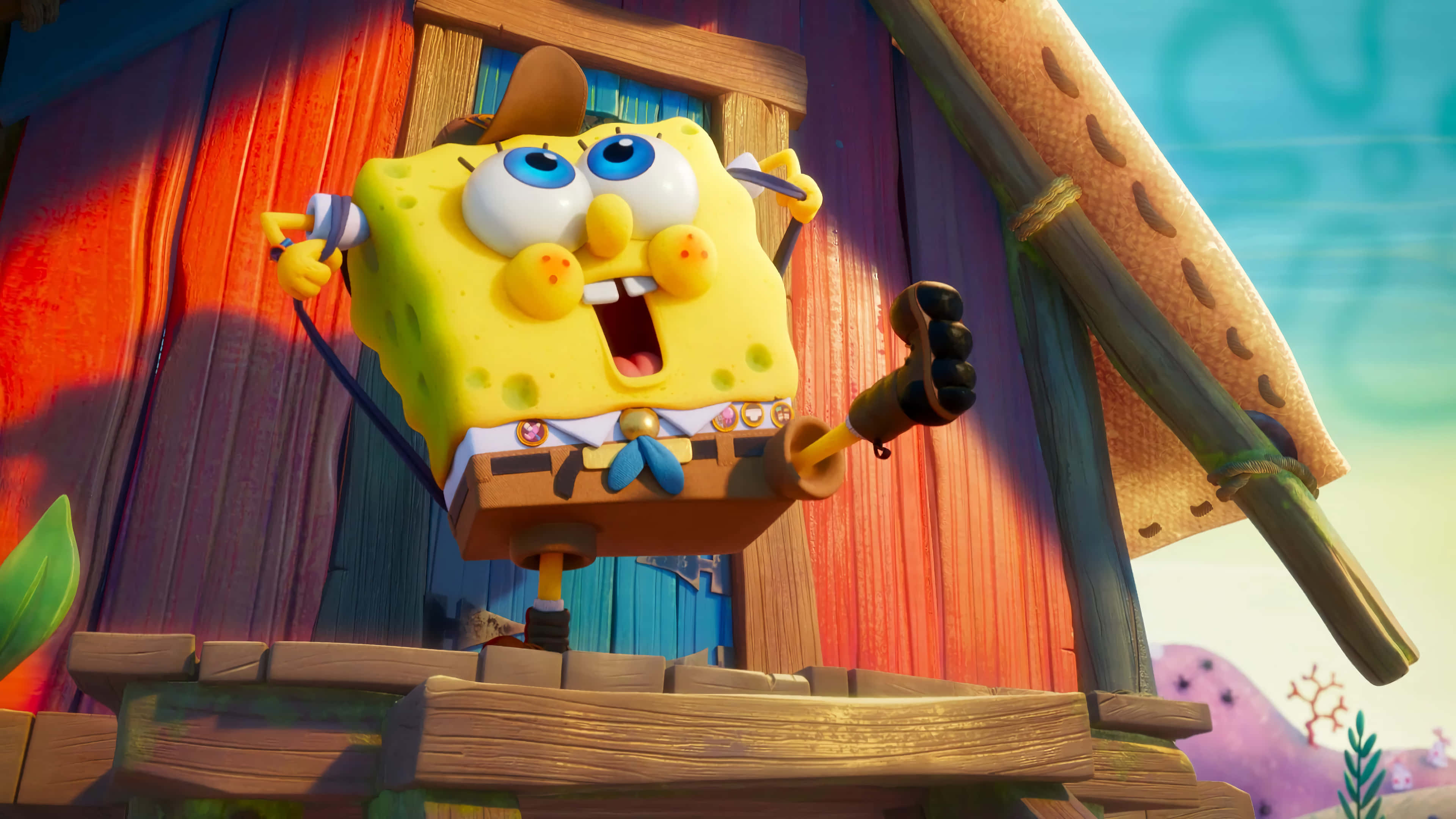 SpongeBob SquarePants, cowboy hat, wooden porch, 4K Desktop Wallpaper
