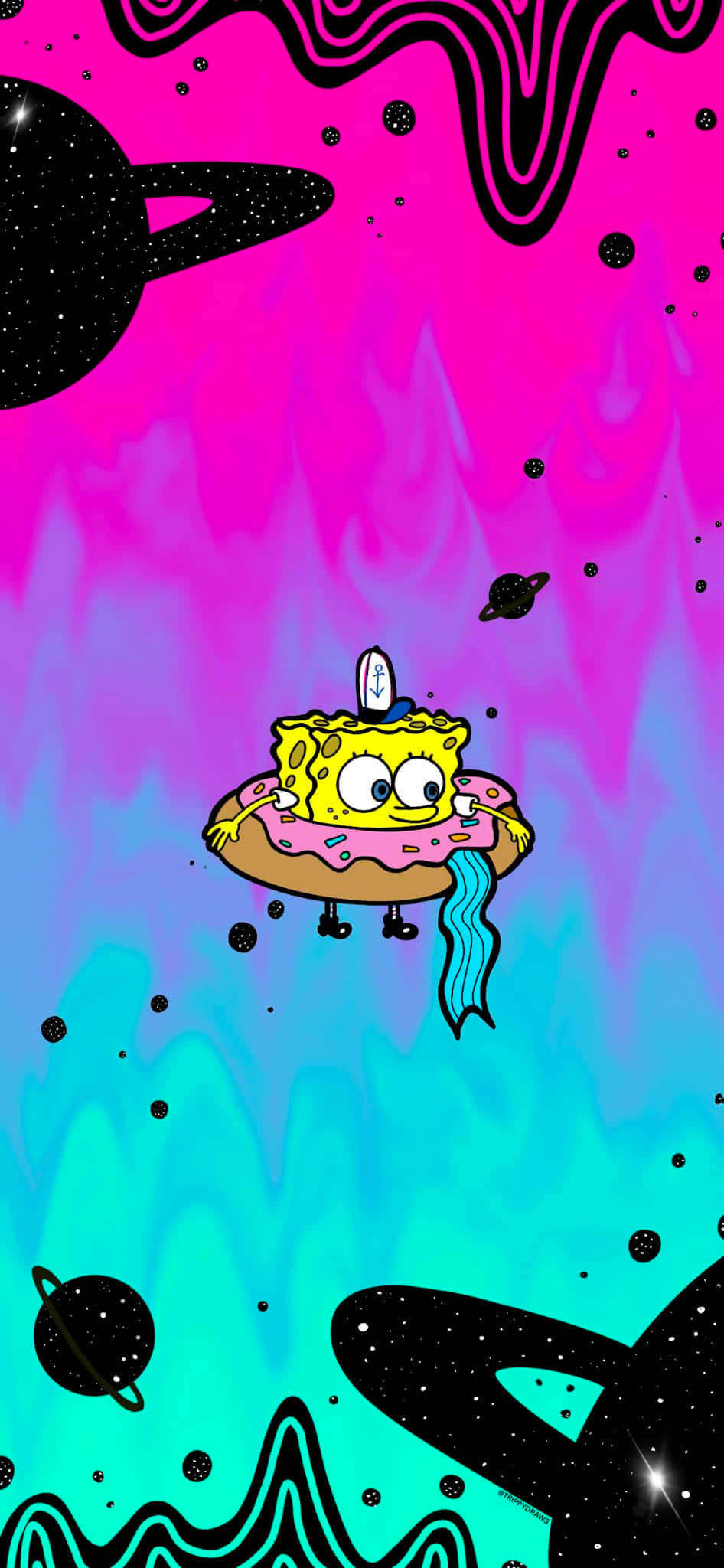 SpongeBob SquarePants, pink-frosted donut, psychedelic cosmic space, Full HD Phone Wallpaper