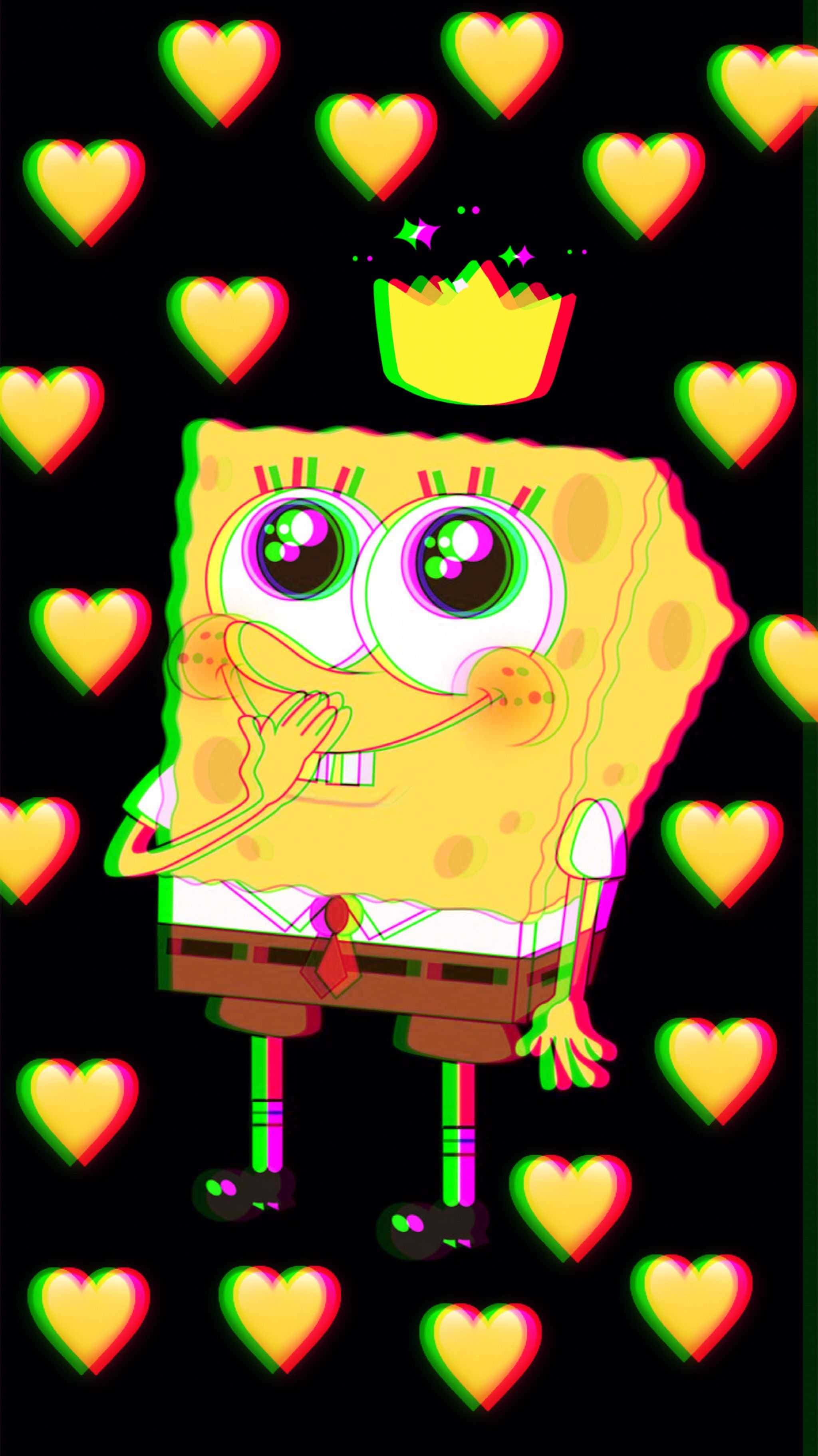SpongeBob SquarePants, crown, glowing hearts, 2K Phone Wallpaper