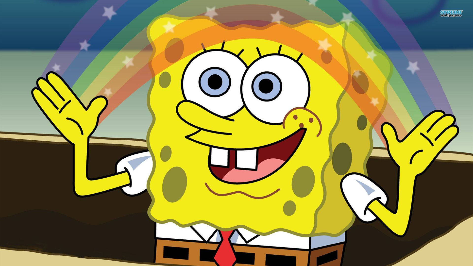 SpongeBob SquarePants, rainbow, stars, Full HD Desktop Wallpaper