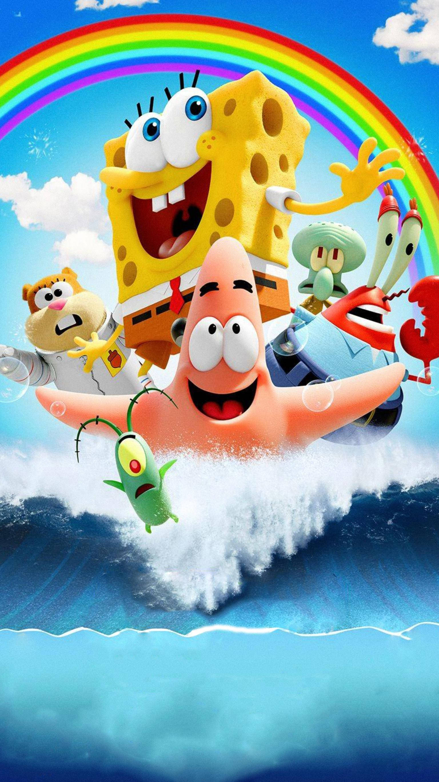 SpongeBob, friends, crashing wave, 2K Phone Wallpaper