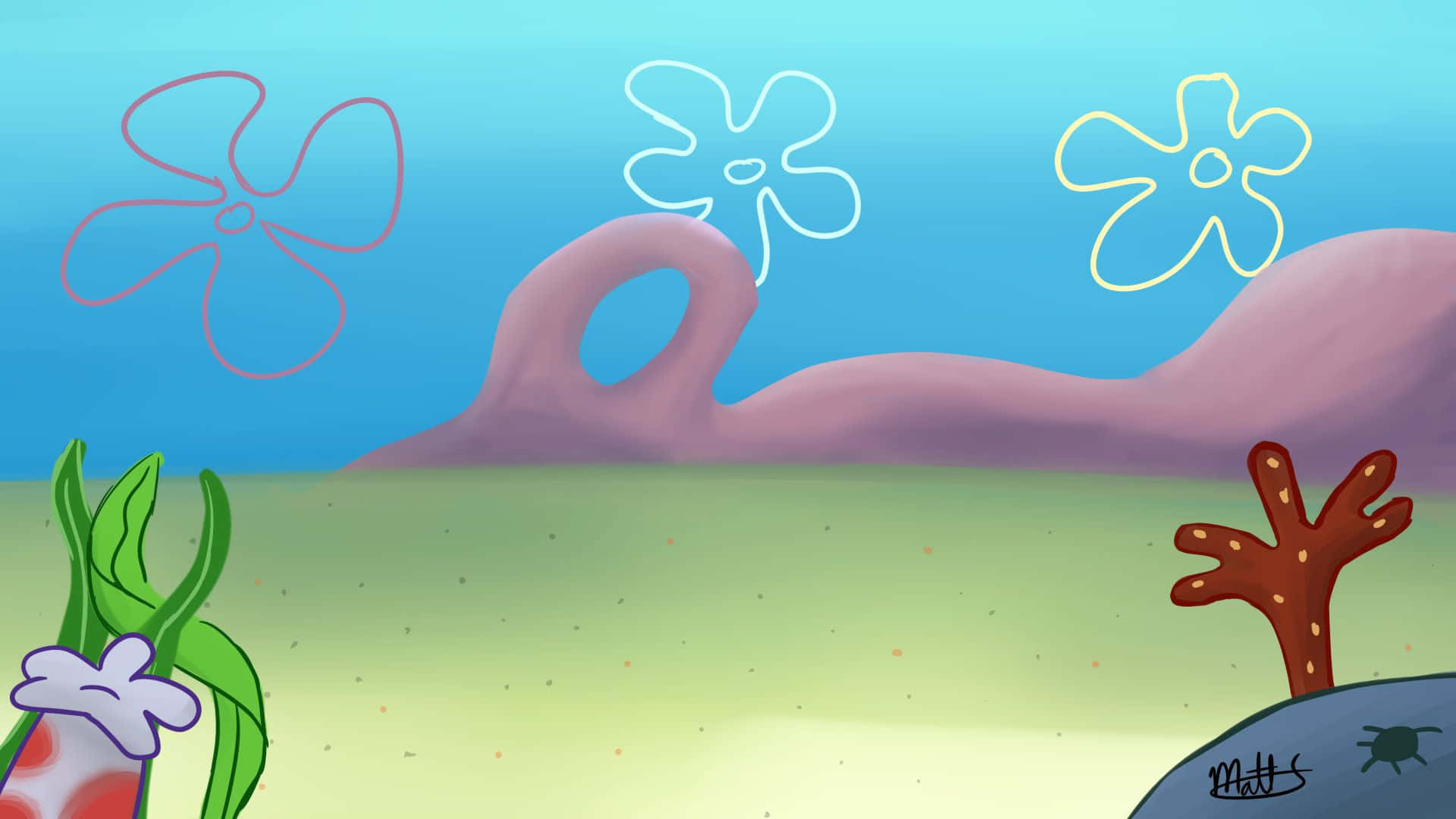 Spongebob, pink coral hills, floating flower outlines, Full HD Desktop Wallpaper