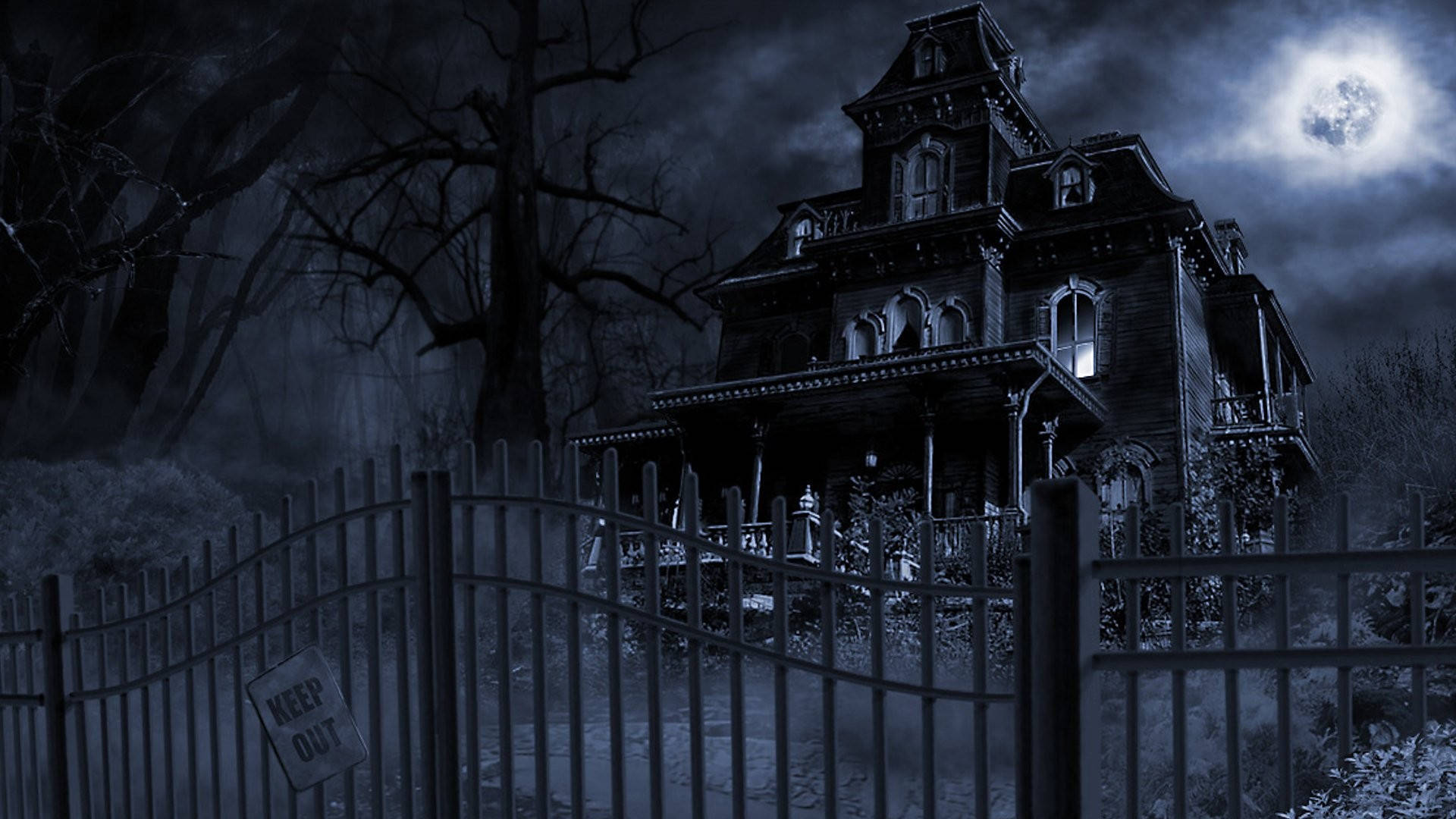 spooky aesthetic, Victorian mansion, rusted fence, Full HD Desktop Wallpaper