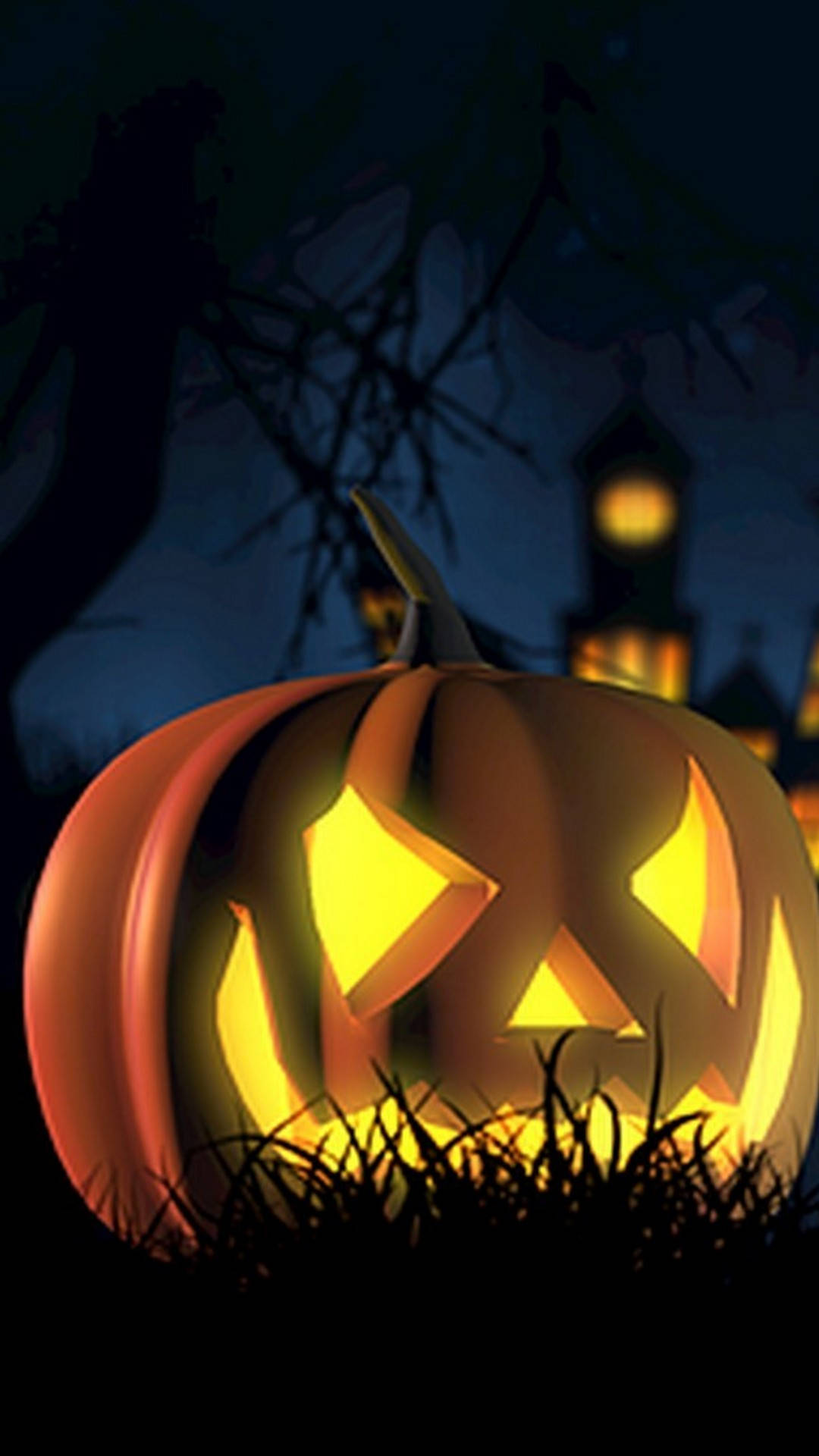 jack-o'-lantern, menacing grin, dark night sky, Full HD Phone Wallpaper