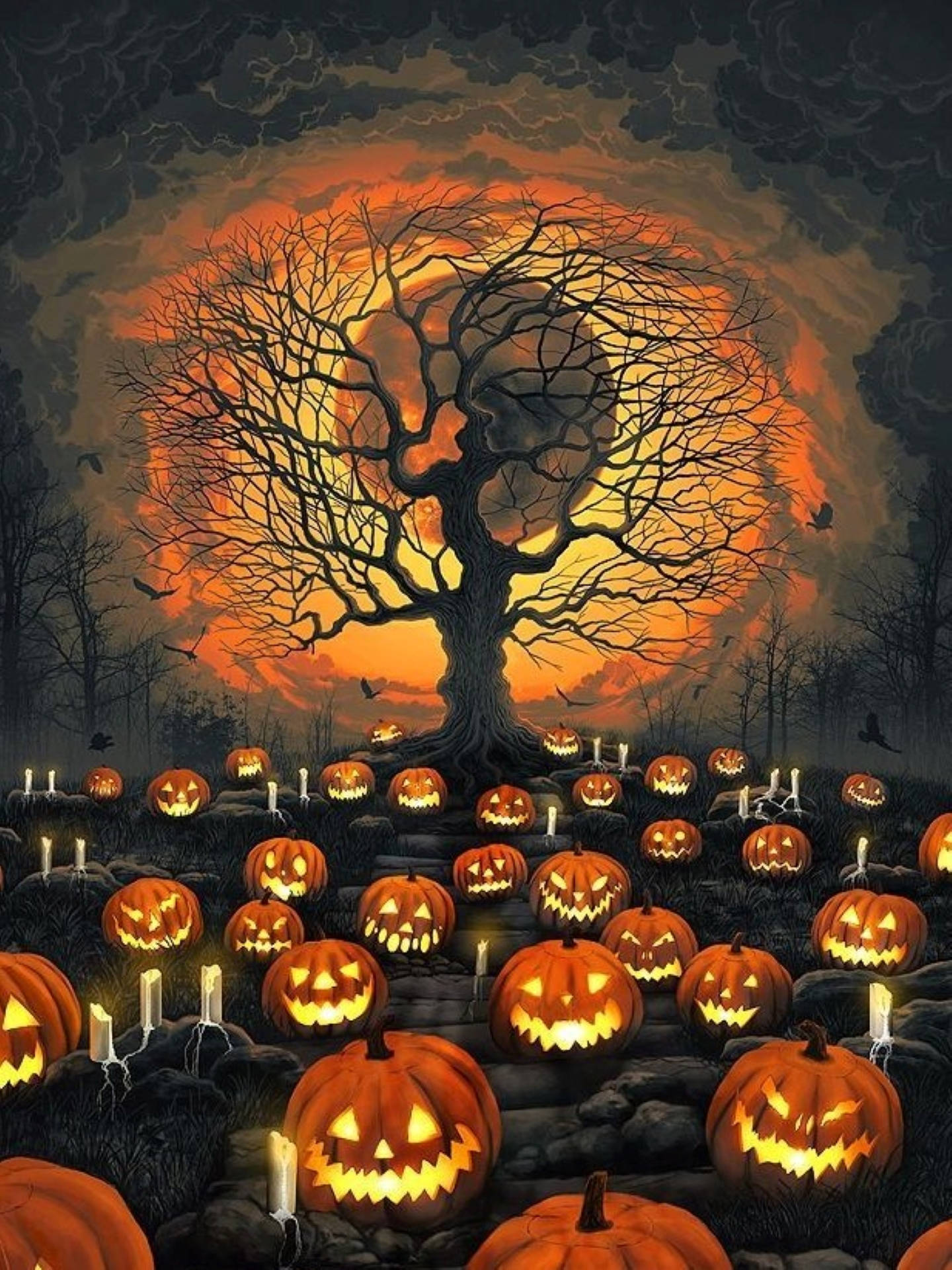 spooky forest, dead of night, glowing jack-o'-lanterns, Full HD Phone Wallpaper