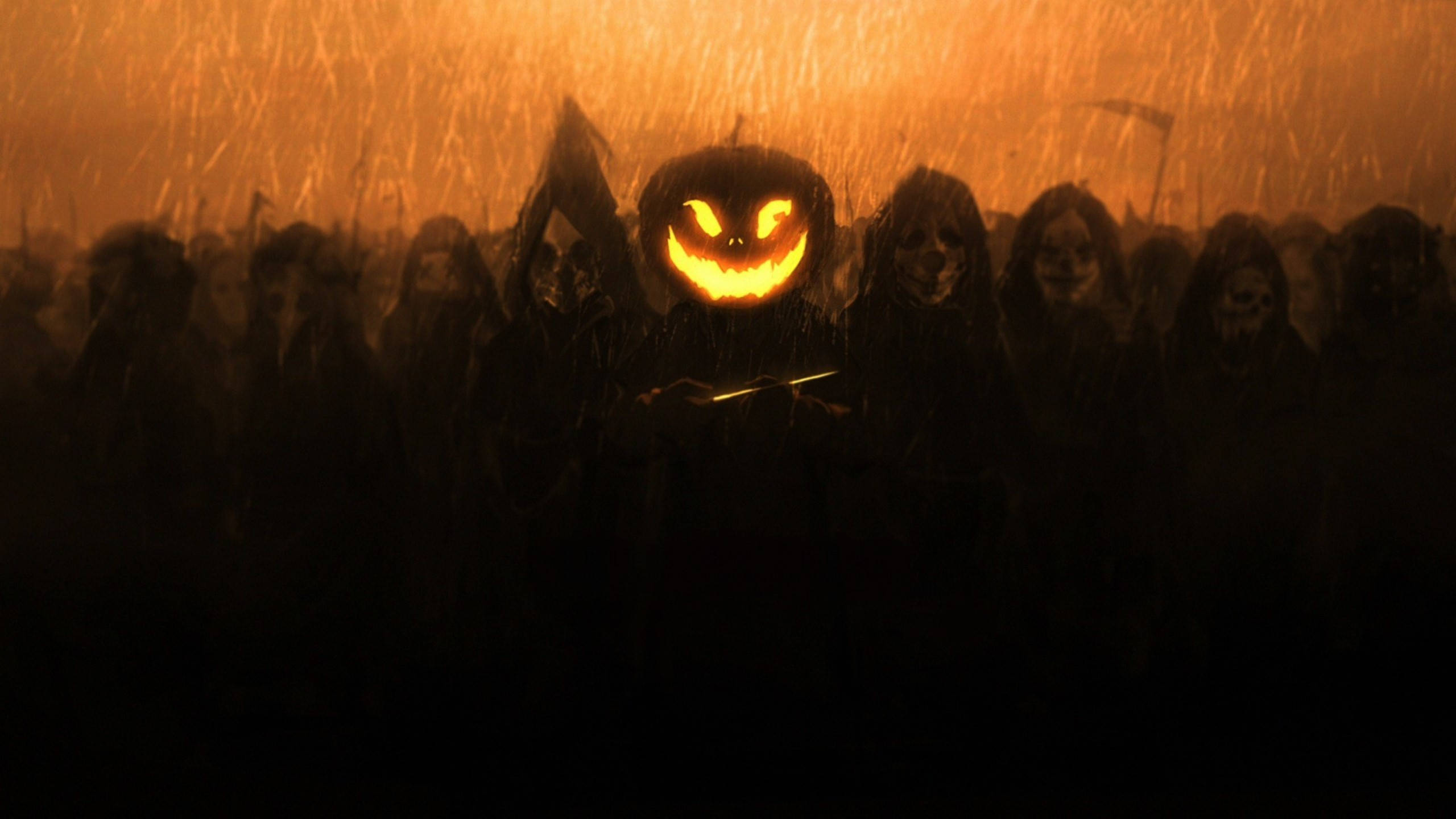 jack-o'-lantern, hooded figures, rain-soaked, 2K Desktop Wallpaper
