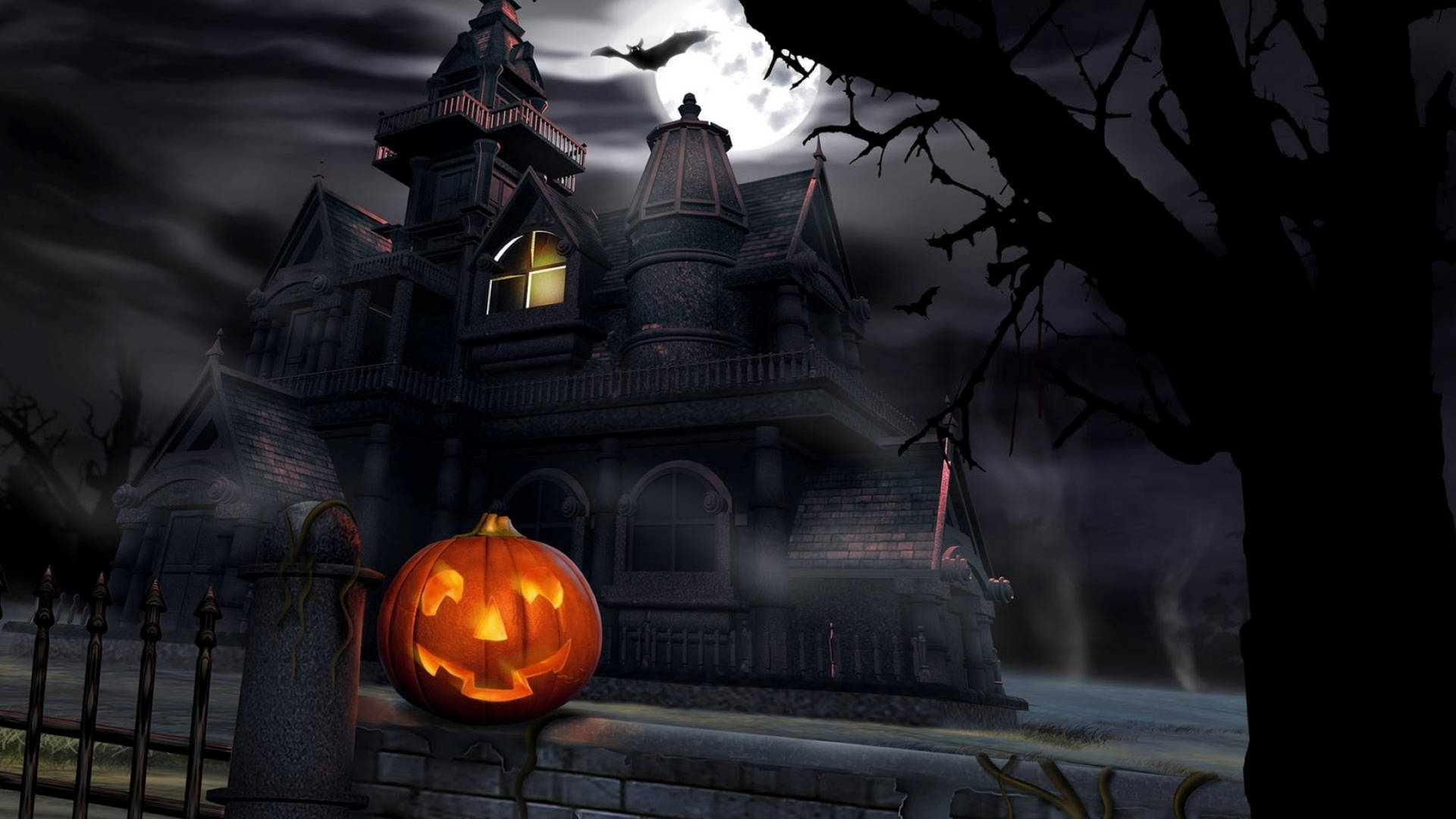 jack-o'-lantern, haunted mansion, full moon, Full HD Desktop Wallpaper