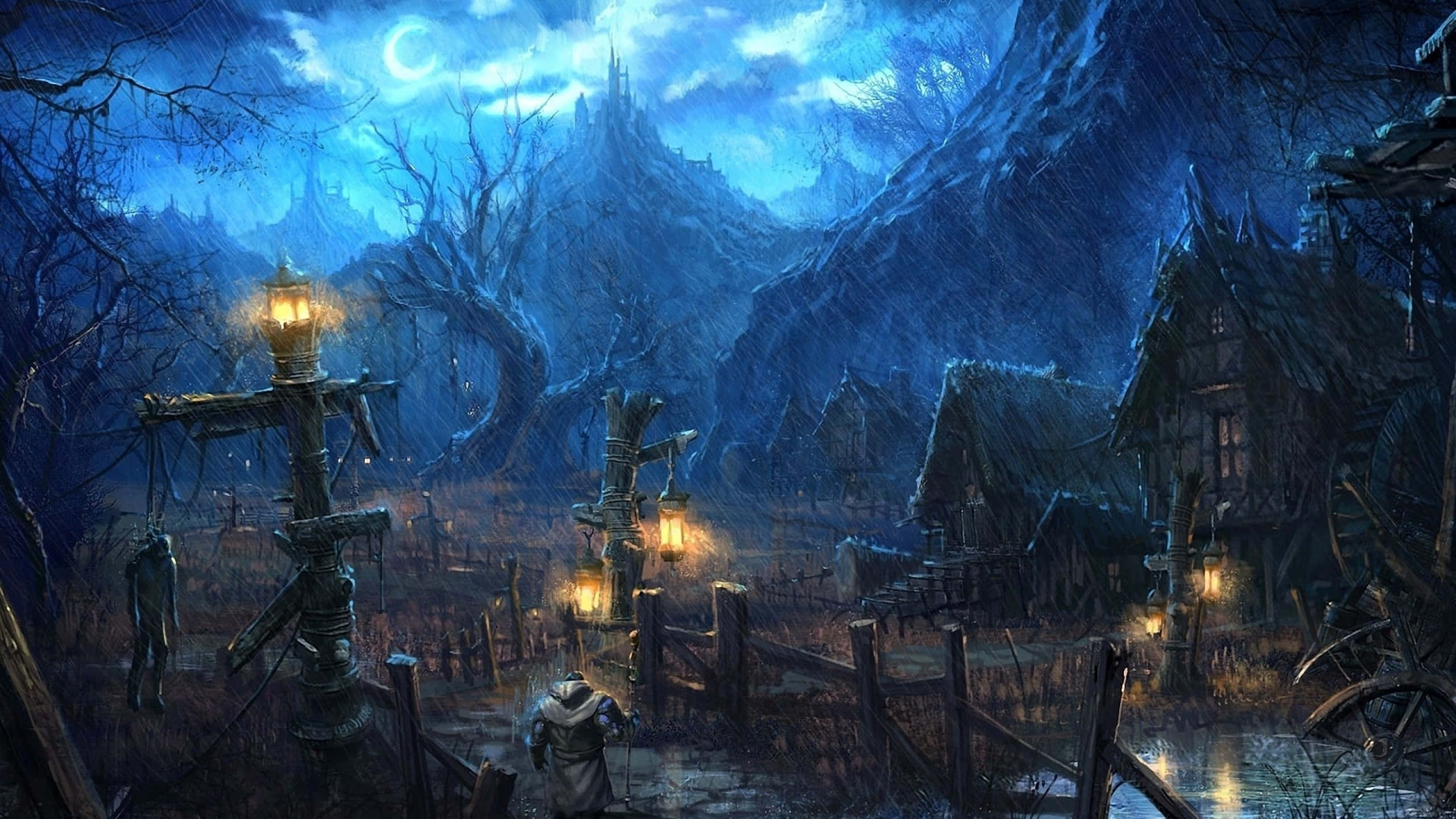 Spooky Art, eerie misty background, moonlit village, 2K Desktop Wallpaper