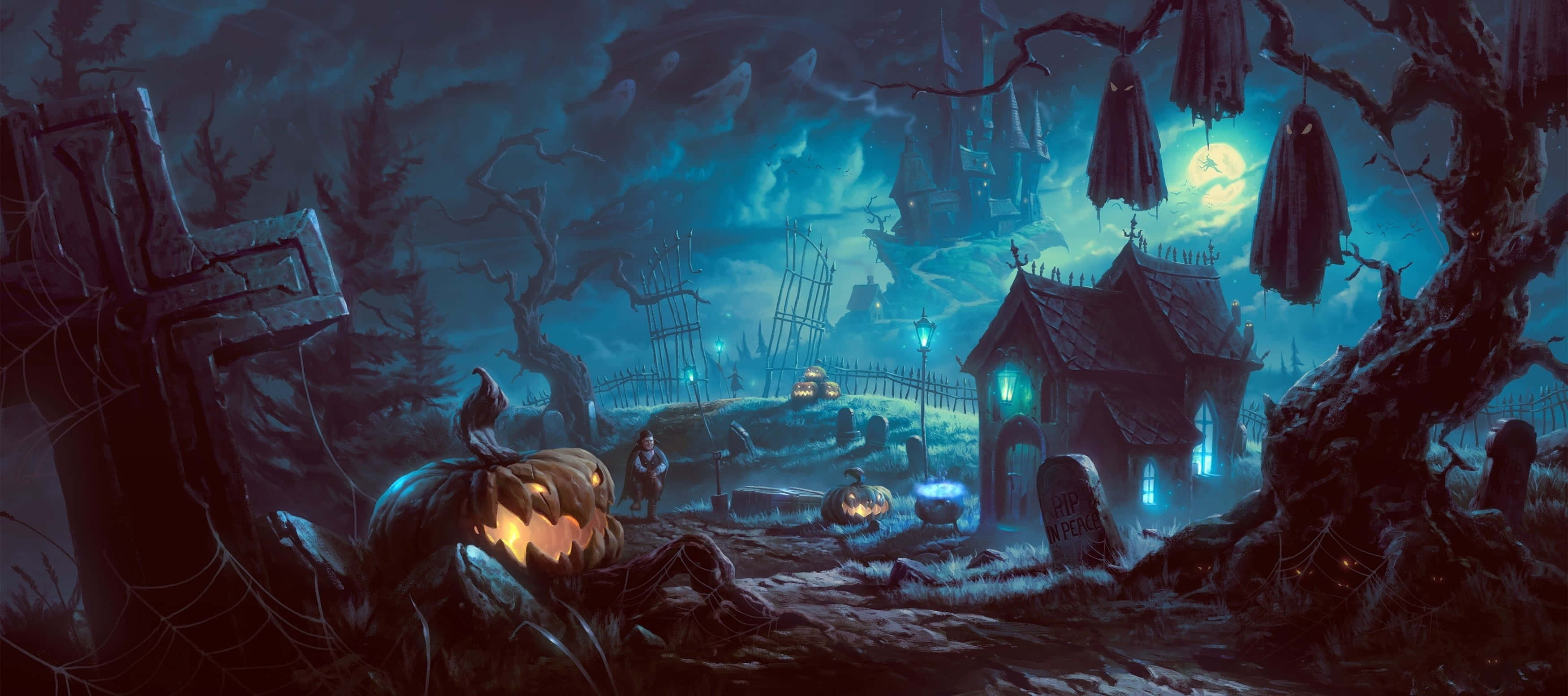 Spooky Art, Halloween graveyard, glowing jack-o-lanterns, 2K Desktop Wallpaper