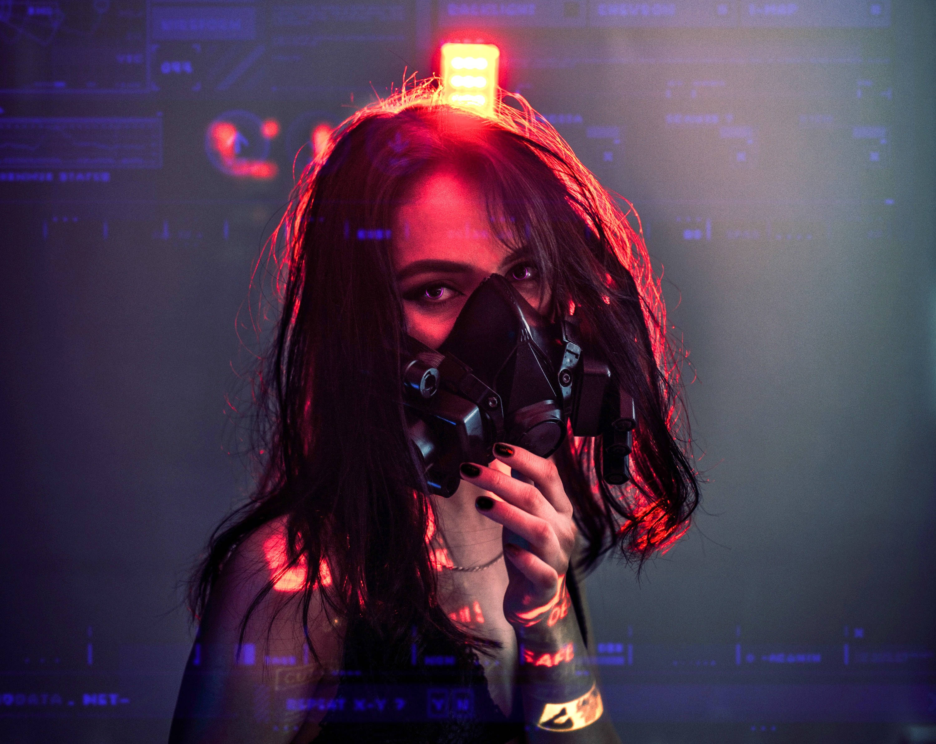 cyberpunk aesthetic, gas mask, red neon light, 2K Desktop Wallpaper