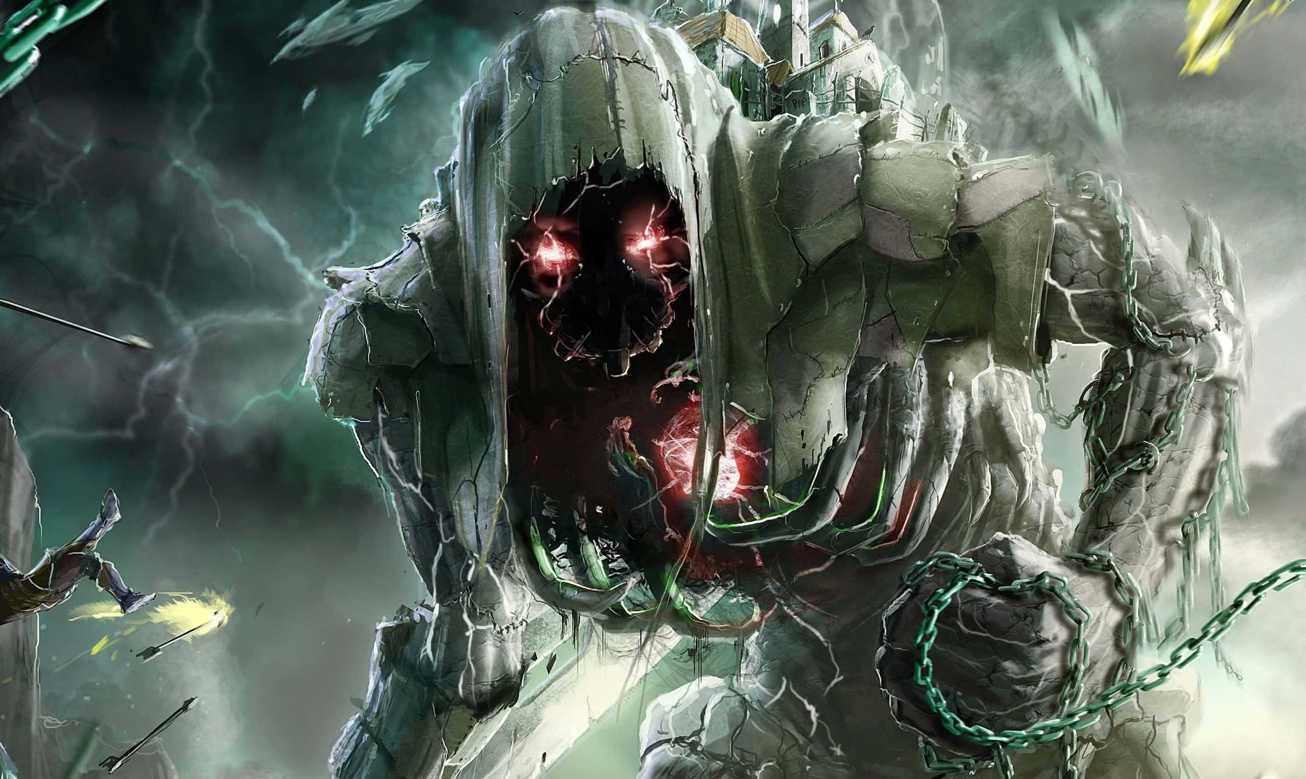 spooky art, colossal, cracked stone golem, 2K Desktop Wallpaper