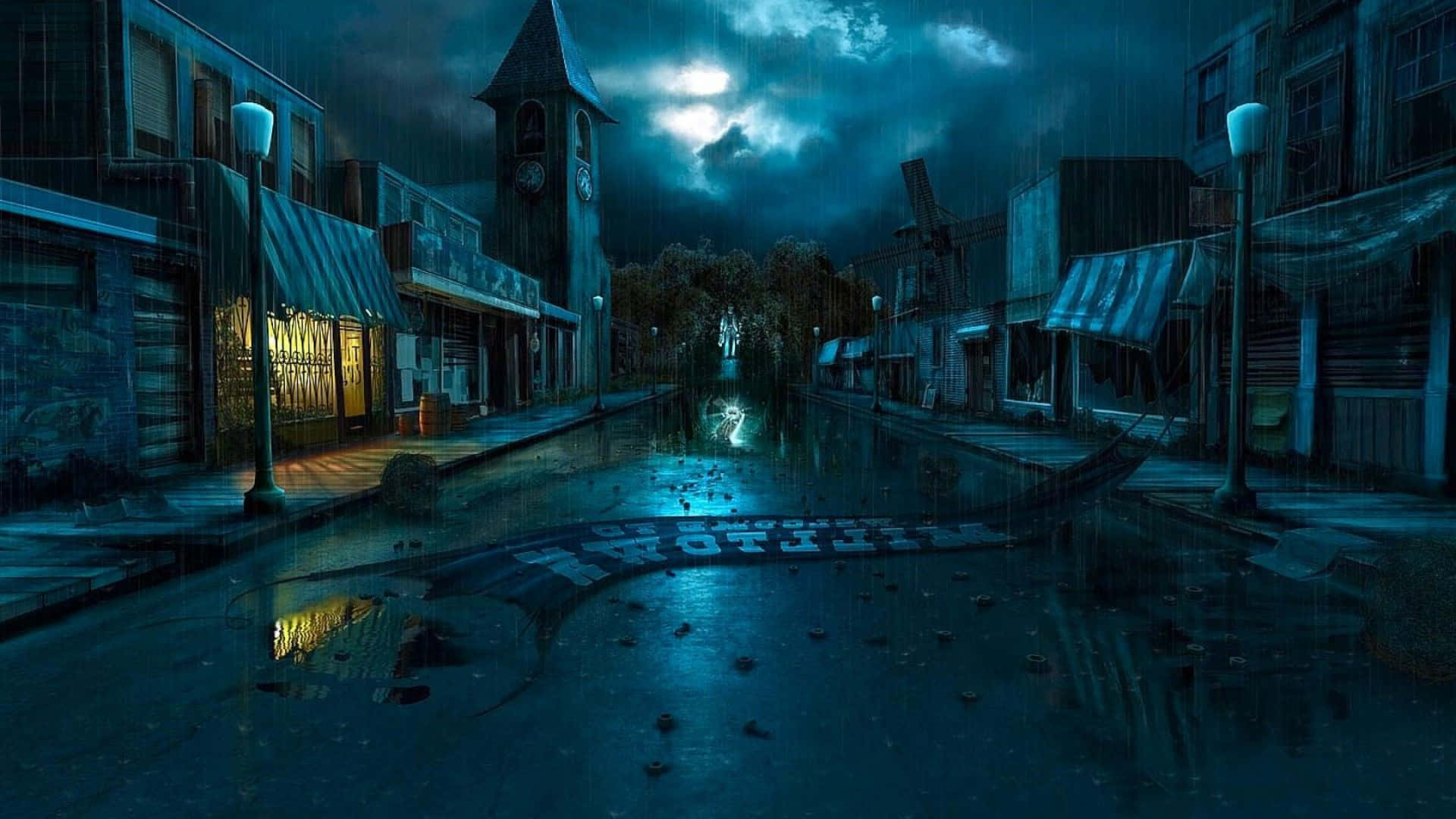 Spooky Art, rain-soaked urban street, night, Full HD Desktop Wallpaper