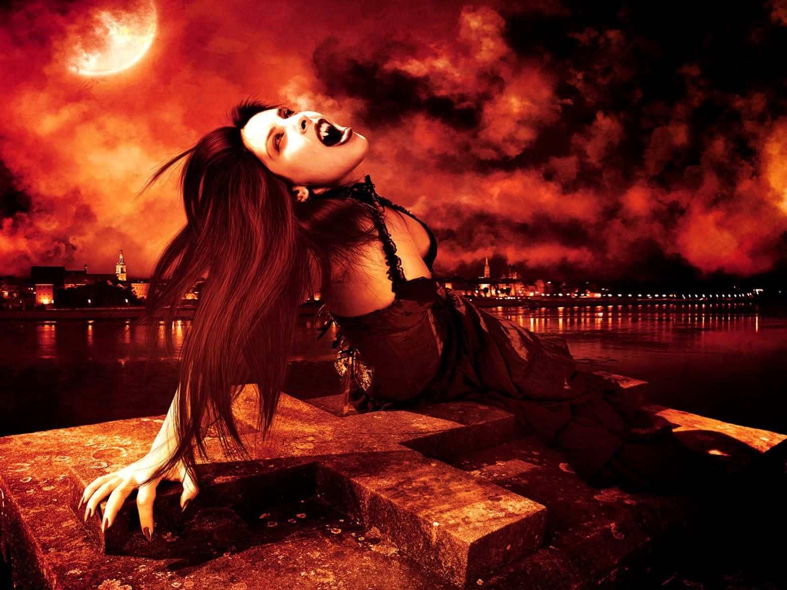 Spooky Art, fiery red sky, glowing moon, HD Desktop Wallpaper